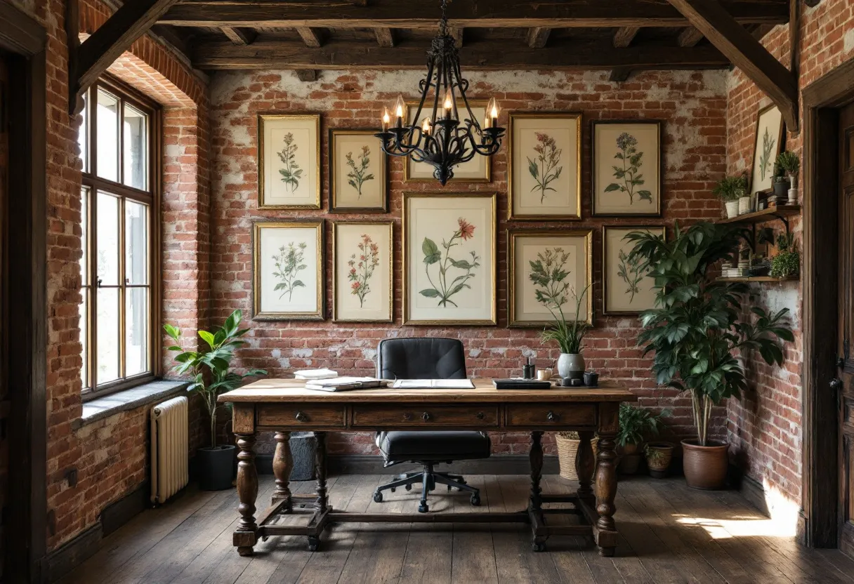 This rustic office exudes warmth and character, highlighted by its rich wooden elements and exposed brick walls. The central feature is a sturdy wooden desk with intricate legs, which anchors the room and complements the wooden beams on the ceiling, creating a cohesive aesthetic. The desk is paired with a classic leather office chair, adding a touch of sophistication. Large windows allow natural light to flood the space, enhancing the warm tones of the wood and brick, while providing a welcoming atmosphere.

The walls are adorned with framed botanical prints, which add a natural, artistic element to the office. These prints are arranged in a gallery style behind the desk, offering a serene and inspiring backdrop for work. The presence of potted plants further amplifies the natural theme, bringing a refreshing green contrast to the red brick. A black chandelier adds an elegant, vintage touch, balancing the rustic elements with a hint of classic style. This office successfully combines rustic charm with a tranquil vibe, making it an inviting work environment.