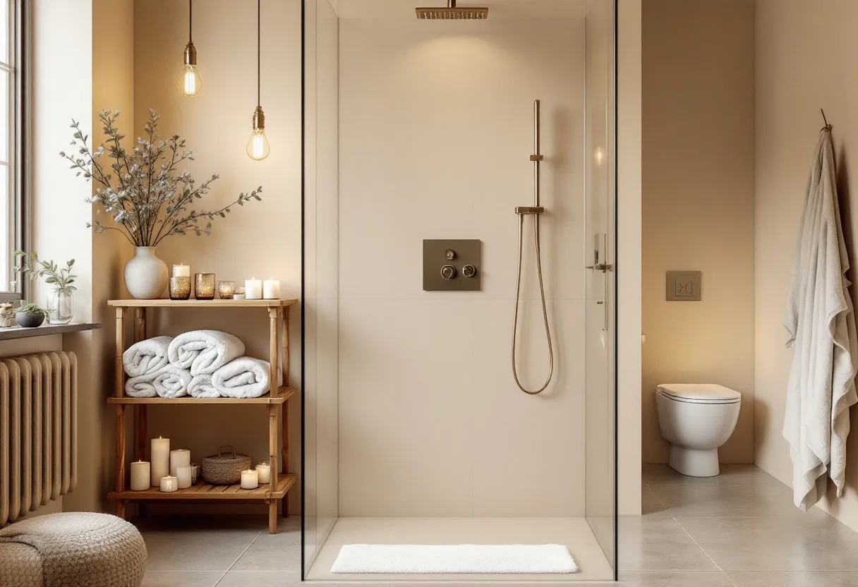 This Scandinavian bathroom exemplifies minimalistic elegance with its soft, neutral color palette and simple yet sophisticated design elements. The shower area features clean lines and a glass enclosure that enhances the open space, while the sleek, modern fixtures in a muted brass tone add an elegant touch. The room's overall ambiance is warm and inviting, achieved through the use of natural materials and soft lighting, including two hanging pendant lights that contribute to a cozy atmosphere.

The decor focuses on functionality without sacrificing style, with wooden shelves neatly organized with rolled towels and a selection of candles that add a layer of comfort and relaxation. A vase with subtle greenery introduces a touch of nature, symbolizing the Scandinavian love for bringing outdoor elements indoors. The use of candles and soft textiles adds a layer of hygge, a Danish concept of coziness and contentment, which is a hallmark of Scandinavian interiors.