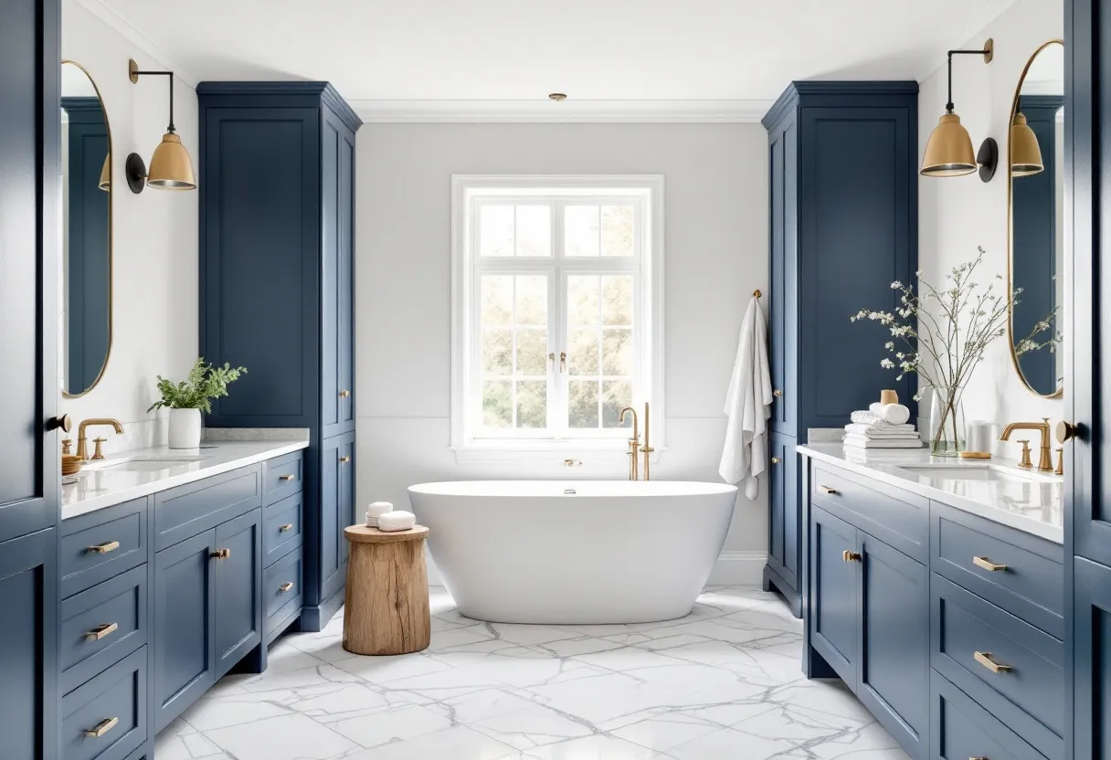 This Scandinavian bathroom embodies a blend of minimalism and elegance, characterized by its calm, neutral color palette. The striking navy blue cabinetry contrasts beautifully with the white marble countertops and flooring, creating a sophisticated yet cozy atmosphere. The cabinetry, designed with simple lines and gold hardware, adds a touch of luxury and refinement. The large window allows natural light to pour in, enhancing the room’s brightness and making it feel airy and spacious.

The centerpiece of the bathroom is the sleek, white freestanding bathtub, which epitomizes the Scandinavian focus on simplicity and functionality. The gold fixtures, including the faucets and lighting, complement the overall design, adding warmth and continuity to the space. Minimalist decor, such as a small wooden stool, potted plants, and neatly stacked towels, reinforces the room’s clean aesthetic while adding a touch of nature and comfort. This carefully curated environment is both functional and aesthetically pleasing, ideal for relaxation and rejuvenation.