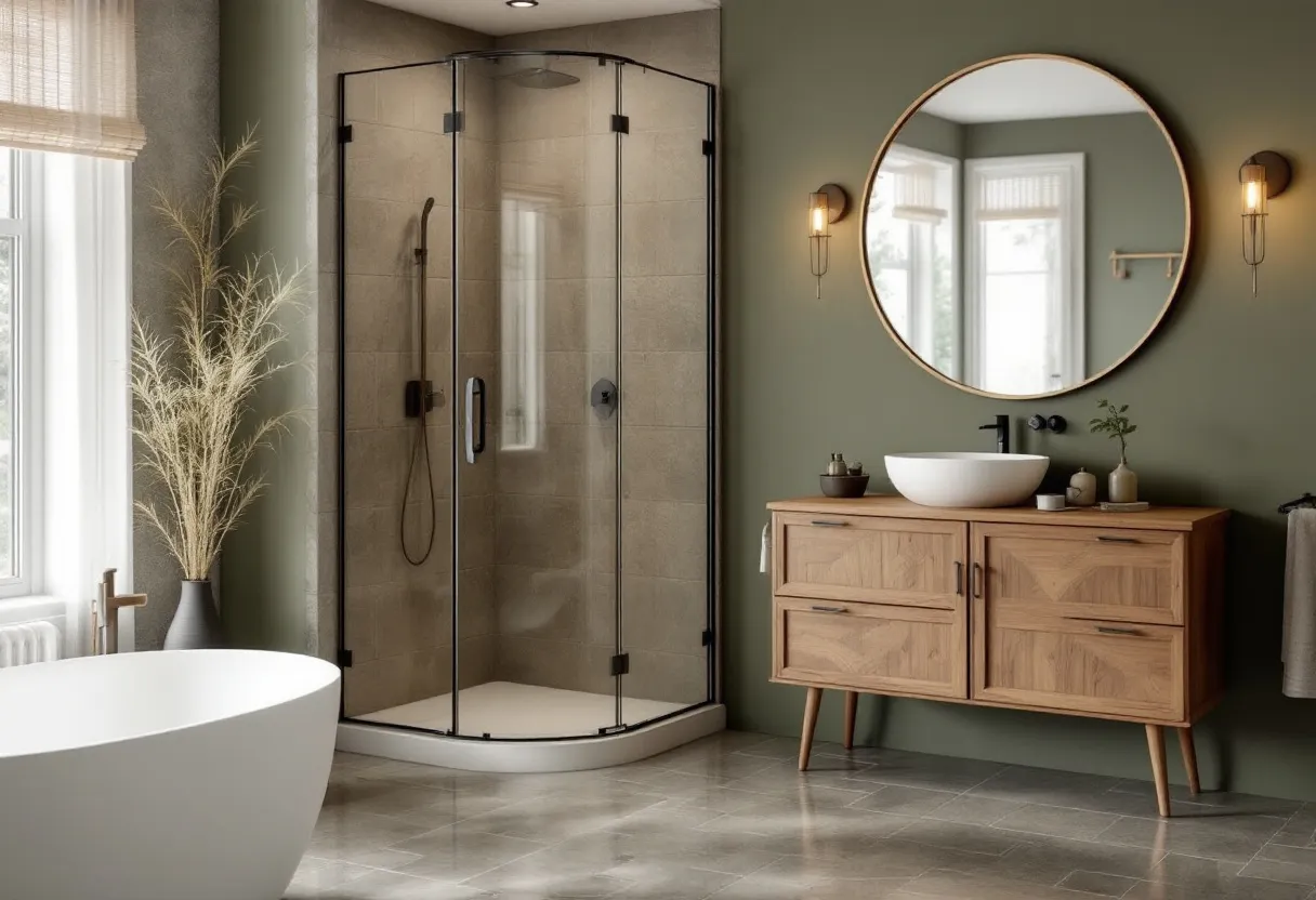 This Scandinavian bathroom embodies simplicity and elegance with its minimalist design and functional layout. The use of natural materials, such as the wooden vanity with clean lines and ample storage, highlights the Scandinavian aesthetic. The beige tiles in the shower area add a warm and neutral tone, contrasting beautifully with the matte black fixtures that provide a modern touch. A large round mirror above the vanity reflects light and space, enhancing the room's openness.

The bathroom features a palette of soft, muted colors, with the walls painted in a calming sage green, creating a serene atmosphere. The freestanding white bathtub adds a luxurious element to the space, positioned near a large window that allows for abundant natural light. Subtle decorative elements, like the minimalist potted plants, contribute to the overall balance and harmony, characteristic of Scandinavian design. The strategically placed lighting fixtures emphasize both functionality and ambiance, ensuring the space remains welcoming and practical.