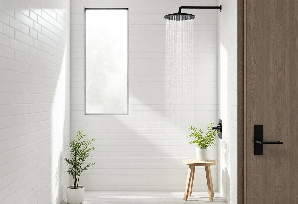 This Scandinavian bathroom exudes a serene and minimalist charm, characteristic of the timeless Nordic design. The room is defined by clean lines and an uncluttered aesthetic, with its walls covered in white, glossy subway tiles that create a sense of openness and simplicity. A sleek, black showerhead is mounted on the wall, offering a striking contrast against the pristine white tiles, and enhances the bathroom’s modern elegance. The space is bathed in natural light coming from a tall, frosted window, softening the overall look and adding a touch of serene privacy.

A wooden stool is carefully placed below the window, supporting a small green plant in a simple, white pot. This subtly adds a natural, warm touch to this otherwise minimalist design and enlivens the space with a splash of greenery. Next to the stool, another plant sits on the ground, complementing the room’s overall feel of subtle sophistication. The wooden bathroom door, with its sleek black handle, echoes the contrasts in the room and contributes to the Scandinavian theme of serenity through simplicity.