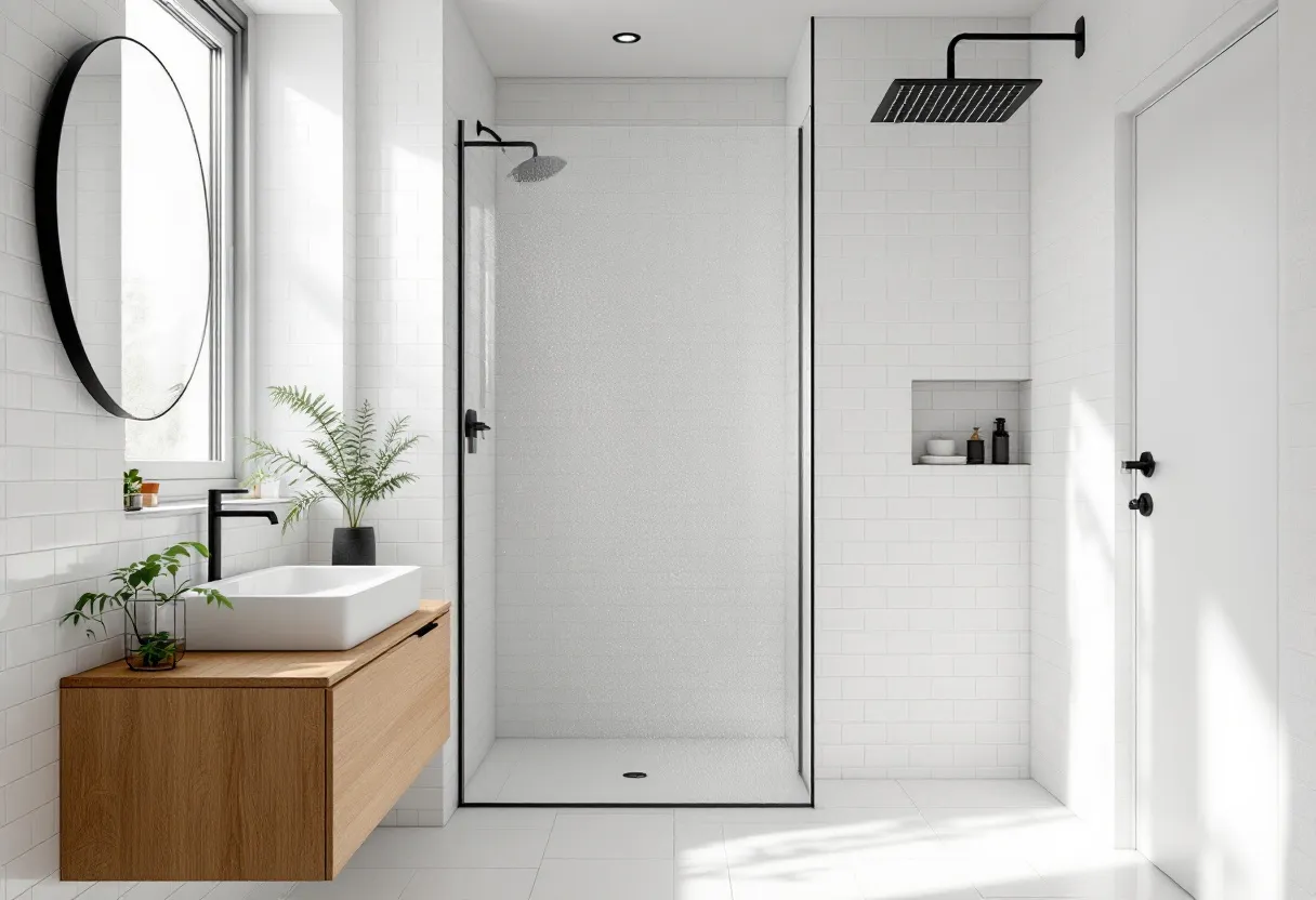 This Scandinavian bathroom embodies a minimalist and functional design, emphasizing simplicity and natural elements. The walls and floor are tiled in white, offering a clean and bright aesthetic. A large, circular mirror against the wall enhances the sense of space, reflecting light and creating an open atmosphere. The wooden vanity brings warmth and texture to the room, showcasing the Scandinavian love for incorporating natural materials. Potted plants on the vanity and windowsill add a touch of greenery, highlighting a connection to nature.

The shower area is enclosed with clear glass framed in black, creating a striking contrast against the white tiles and adding a modern touch. Black fixtures, including a sleek showerhead and faucet, contribute to the room's contemporary feel. Recessed shelving in the shower wall provides practical storage for toiletries, maintaining the uncluttered look. Overall, the bathroom's design balances style and practicality, embodying Scandinavian principles with its emphasis on light, functionality, and organic materials.