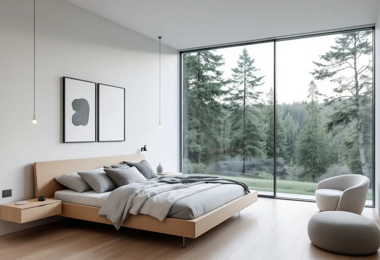 This Scandinavian bedroom embraces minimalism and functionality through its clean lines and natural elements. The centerpiece of the room is a low-profile bed with a light wood frame that subtly complements the hardwood floor. The bedding, consisting of soft gray tones, adds a layer of warmth and comfort to the space. Above the bed hang two simple yet elegant black-and-white prints, adding an artistic touch to the otherwise understated decor. Pendant lights on either side of the bed enhance the modern aesthetic, providing a soft, ambient glow.

The room features a large floor-to-ceiling window that offers an expansive view of the lush greenery outside. This connection to nature is a hallmark of Scandinavian design, bringing the tranquility of the outdoors into the living space. A cozy, rounded chair and ottoman situated near the window create a perfect reading nook or relaxation spot, further emphasizing the room’s serene atmosphere. The overall design focuses on simplicity and natural beauty, creating a calming retreat.