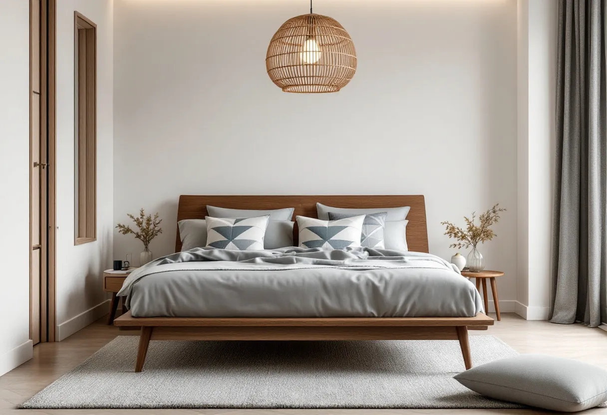 This Scandinavian bedroom embodies a minimalist and cozy aesthetic, featuring a harmonious blend of natural materials and soft, muted tones. The light wood bed frame and bedside tables highlight the use of natural elements, which is a hallmark of Scandinavian design. The bedding is in shades of gray and white, complemented by geometric-patterned pillows, which add a subtle touch of pattern without overwhelming the serene atmosphere. A large area rug in a neutral color covers the hardwood floor, contributing to the room’s warmth and inviting feel.

A woven pendant light hanging above the bed provides soft illumination, enhancing the room’s cozy ambiance. The walls are painted in a soft white, which reflects natural light and makes the room feel more spacious. A simple vase with dried flowers on the bedside table adds a natural, decorative element. The use of neutral, calming colors and clean lines creates a sense of tranquility, making this bedroom a perfect retreat for rest and relaxation.