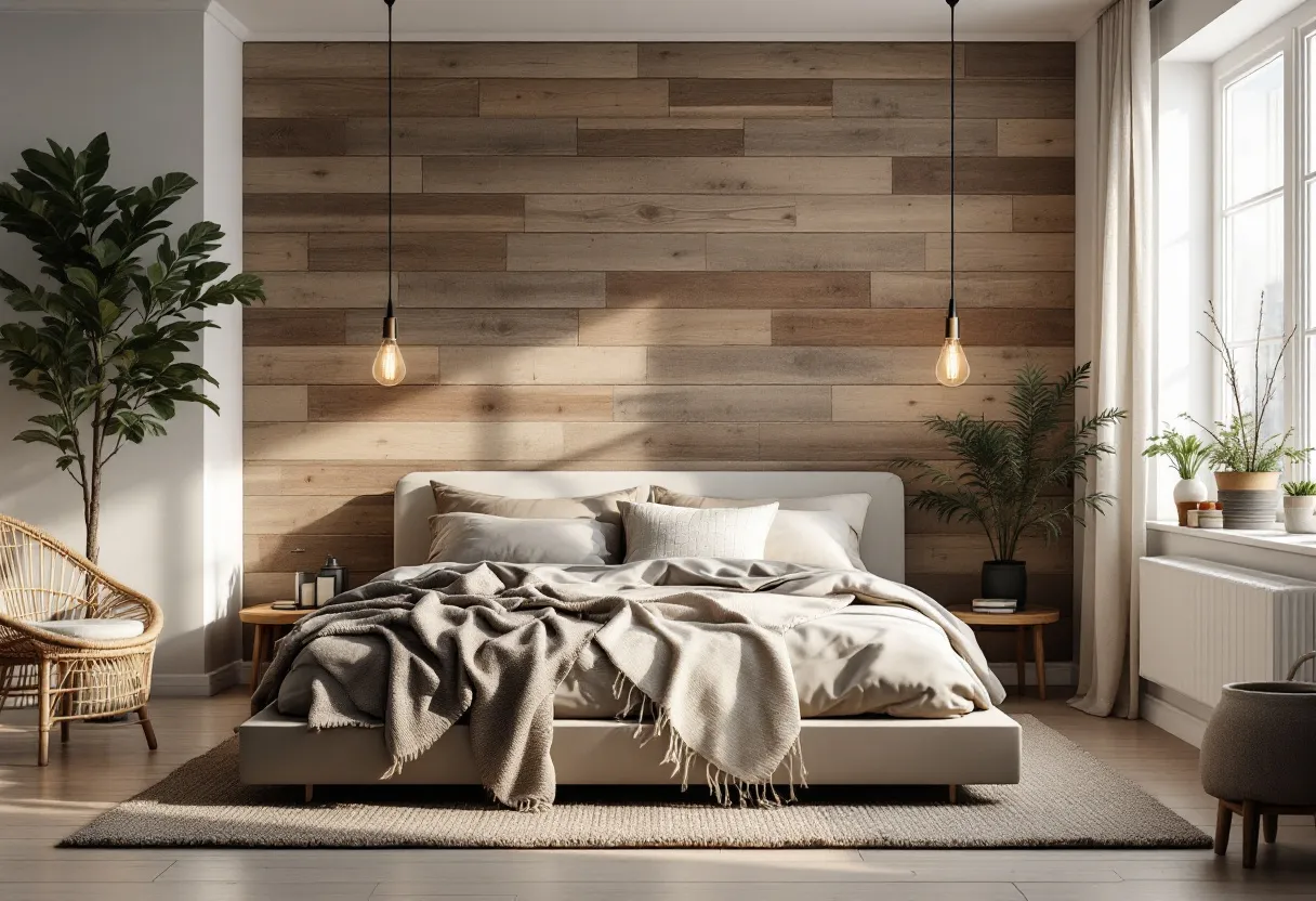 This Scandinavian bedroom exudes a serene and inviting ambiance, characterized by its minimalist design and natural elements. The focal point of the room is the wood-paneled accent wall, which adds warmth and texture to the space. The bed is dressed in neutral-toned linens and layered with soft pillows and a cozy throw, creating a sense of comfort and relaxation. The simplicity of the decor is enhanced by the use of natural materials and earthy tones, which are characteristic of Scandinavian design.

The room is further complemented by ample natural light streaming in through the large window, highlighting the greenery from the potted plants and adding a refreshing touch of nature. The pendant lights add a modern touch, balancing the rustic elements with sleek design. A woven chair in the corner adds an additional layer of texture and offers an inviting spot to relax. Overall, this Scandinavian bedroom embodies a harmonious blend of functionality and aesthetic appeal, creating a tranquil and stylish retreat.