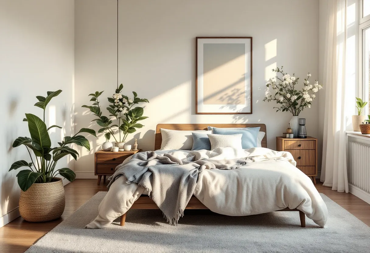 This Scandinavian bedroom exudes a serene and minimalist aesthetic, characterized by a warm and inviting atmosphere. The space features a neutral color palette dominated by soft whites, beiges, and gentle earth tones, creating a calming environment. The bed, with its neatly layered bedding and a mix of cozy textiles, serves as the focal point of the room, while two wooden nightstands flank it, adding to the natural and organic feel. A large framed artwork hangs above the bed, accentuating the room’s simplicity and elegance.

Natural light floods the room, highlighting the smooth wooden flooring and the subtle textures of the textiles. The incorporation of lush, green plants adds a refreshing touch, bringing a bit of nature indoors and enhancing the room's tranquility. Light curtains and a soft area rug further contribute to the room's warmth and coziness, embodying the essence of Scandinavian design—functional yet aesthetically pleasing. The overall ambiance is one of relaxation and comfort, making it a perfect retreat.