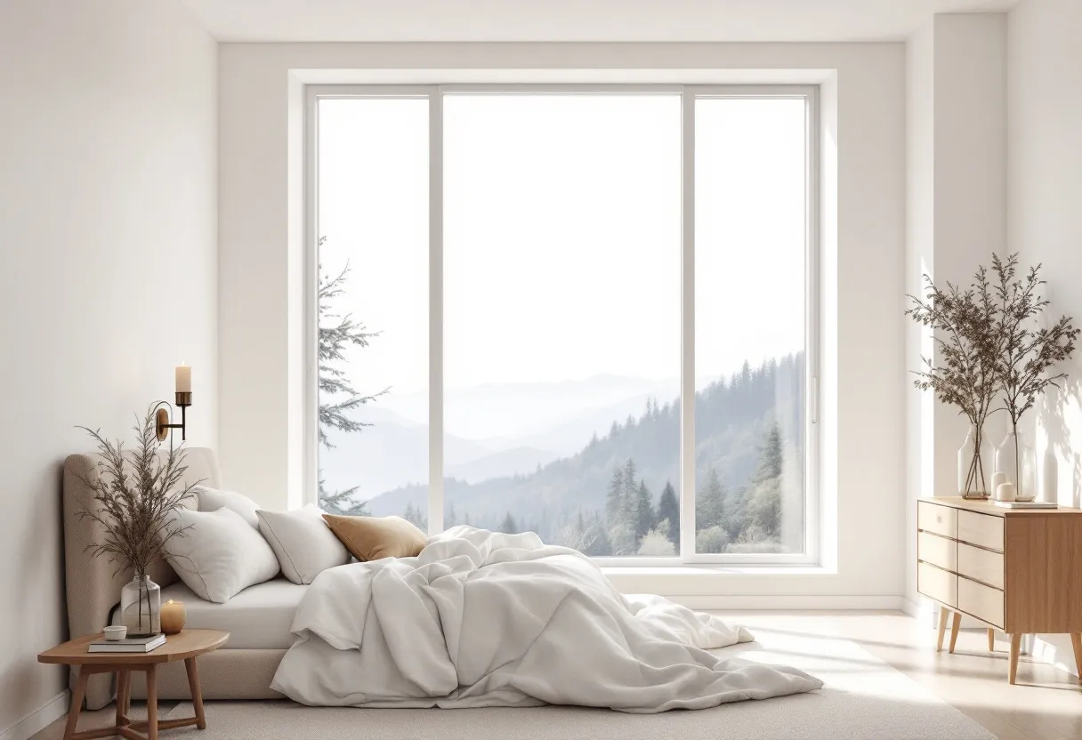 This Scandinavian bedroom exudes a serene and minimalistic aesthetic, characterized by its use of natural elements and neutral tones. The room is dominated by a large window that allows an abundance of natural light to flood in, highlighting the simplicity and elegance of the space. The window frames a breathtaking view of lush, forested hills, enhancing the room’s connection to nature and adding a sense of tranquility. The bed is dressed in crisp white linens, with a few beige and brown accent pillows, contributing to the soft and calming color palette typical of Scandinavian design.

The furniture in this bedroom is simple yet functional, with a streamlined wooden dresser and a small bedside table displaying a few decorative items, including a vase of delicate twigs that adds a touch of organic texture to the room. The light wood flooring complements the overall neutral color scheme, while the understated wall-mounted candle sconces provide gentle illumination and accentuate the cozy and inviting atmosphere. Overall, this Scandinavian bedroom artfully combines functionality, comfort, and style, reflecting an appreciation for minimalism and natural beauty.