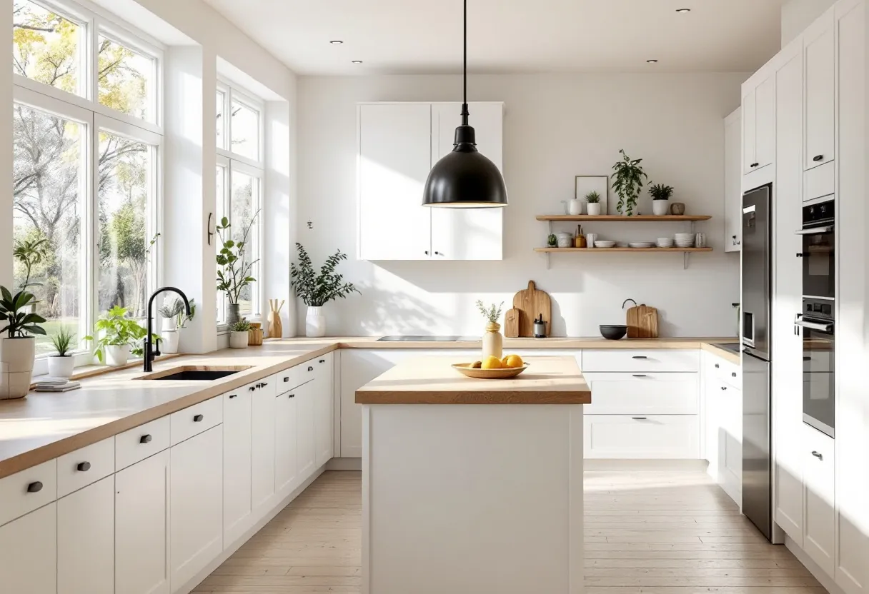 This Scandinavian kitchen exudes a sense of warmth and minimalism, with its reliance on natural light and a palette dominated by whites and light wood tones. The large windows allow abundant sunlight to flood the space, accentuating the crisp white cabinetry and creating a bright, airy atmosphere. The wooden countertops offer a natural contrast and connect the indoors with the outdoor scenery. A collection of potted plants dispersed throughout the kitchen adds a fresh, green accent, enhancing the kitchen’s inviting feel.

The centerpiece of this kitchen is a functional island, crowned by a sleek, black pendant light that provides both practical illumination and a modern aesthetic touch. Open shelving holds a curated selection of dishware and decorative elements, adding personality and practicality. Cleverly integrated appliances maintain the streamlined look essential to Scandinavian design, emphasizing functionality without sacrificing style. Overall, this kitchen embodies the harmonious blend of simplicity and elegance that is characteristic of Scandinavian design principles.