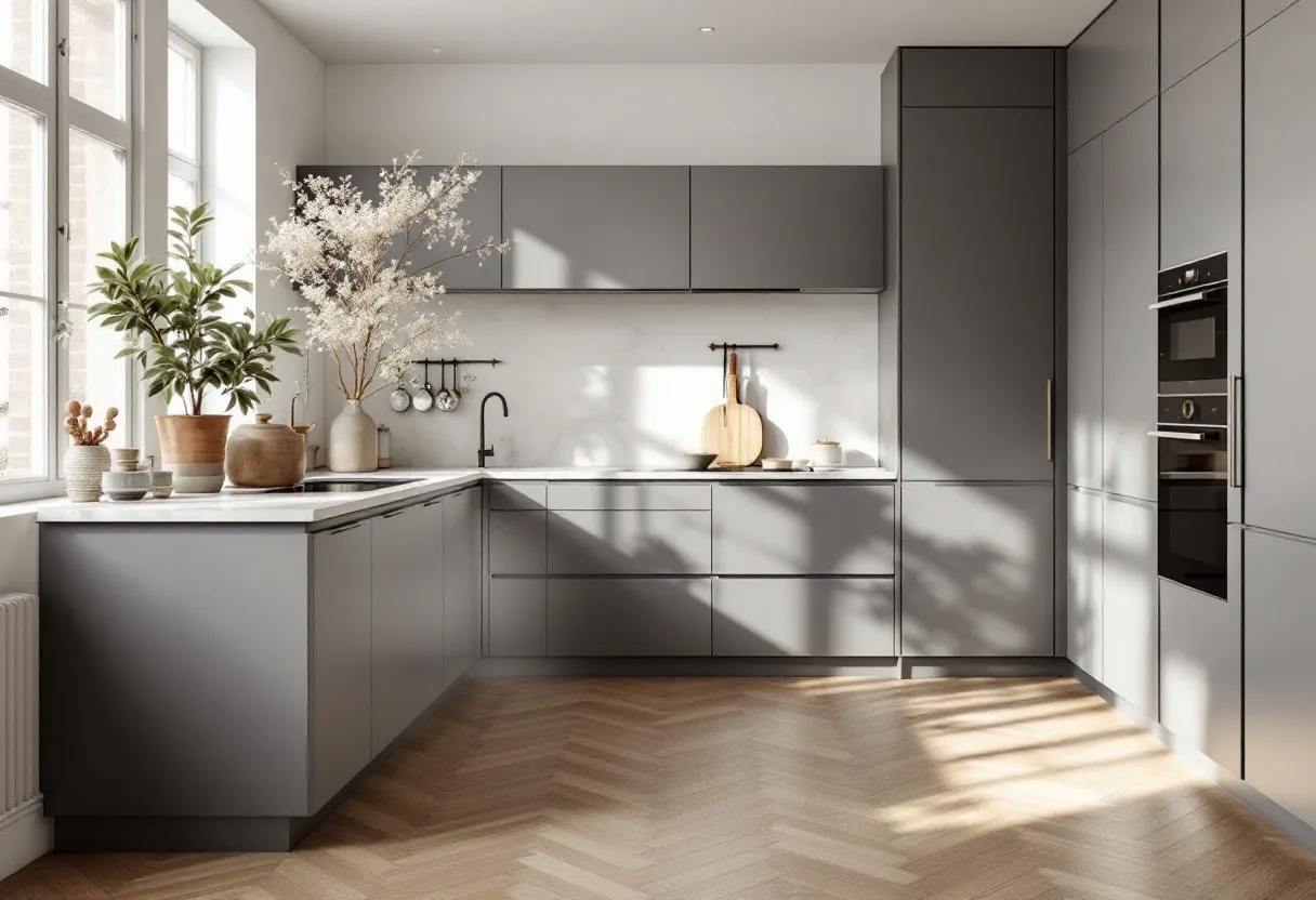 This Scandinavian kitchen showcases a minimalist and elegant design, emphasizing clean lines and functionality. The cabinetry is finished in a matte gray that contributes to a calming and cohesive look, while the handle-less design enhances the sleek, modern aesthetic. Large windows flood the space with natural light, enhancing the sense of openness and connection to the outdoors, a hallmark of Scandinavian interiors. The use of natural materials is evident in the wooden flooring with a herringbone pattern, adding warmth and texture to the otherwise streamlined space.

The countertops are kept clear, featuring subtle decor that reflects Scandinavian simplicity, such as the potted plants and tasteful ceramic items adding organic touches. The kitchen features integrated appliances, with an unobtrusive design that maintains the clean visual lines. The muted color palette paired with strategic pops of greenery brings in an element of nature, aligning with the Scandinavian ethos of bringing the outside in. Overall, this kitchen beautifully balances function and style, creating a serene and inviting cooking environment.