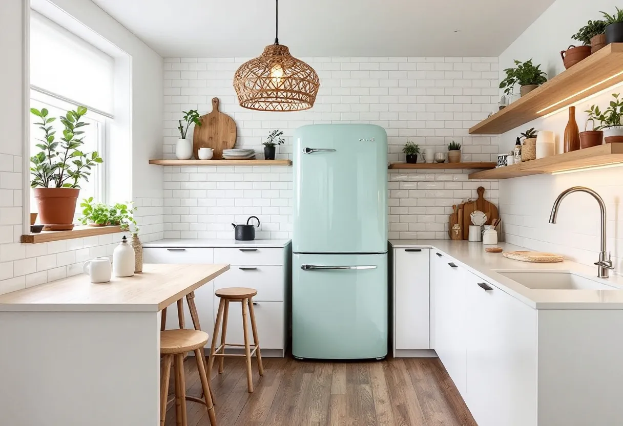 This Scandinavian kitchen embodies simplicity and functionality, characterized by its clean lines and minimalist design. The white subway tile backsplash adds a classic touch, while the light wood elements provide warmth and a sense of nature. The soft pastel shade of the retro-style refrigerator introduces a subtle pop of color, enhancing the kitchen’s welcoming atmosphere. Potted plants line the windowsill and shelves, bringing a fresh, organic vibe and a splash of greenery to the space.

The layout of the kitchen emphasizes efficiency, with ample countertop space and storage areas. White cabinetry maintains the airy feel, while open wooden shelves offer a practical and stylish solution for displaying dishes and decorative items. The pendant light fixture, crafted from natural materials, complements the overall aesthetic and adds a cozy ambiance. Additionally, the wooden stools and table blend seamlessly with the rest of the decor, promoting a harmonious balance between functionality and style in this charming Scandinavian kitchen.