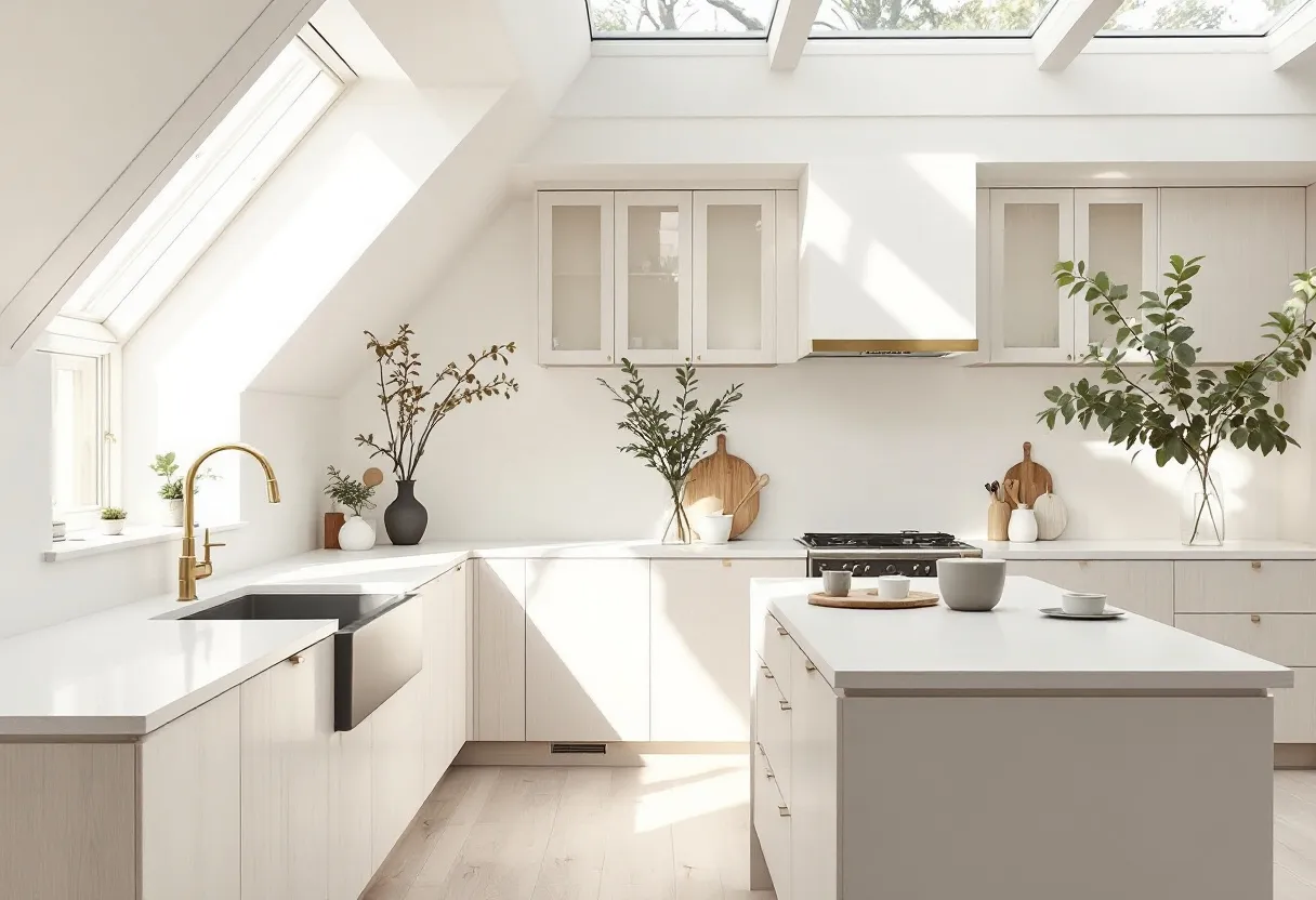 This Scandinavian kitchen exudes a sense of minimalism and elegance, characterized by its clean lines and bright atmosphere. The space is dominated by a white color palette, enhancing the natural light flooding in through expansive skylights and a side window. The cabinetry features a subtle wood grain, adding warmth without overwhelming the simplicity. The countertops are sleek and uncluttered, emphasizing functionality with a touch of sophistication.

The kitchen includes a mix of open space and modern functionality. The use of plants and natural wood accents provides a harmonious balance between the natural world and minimalist design. The sink area features a stylish brass faucet, which adds a touch of luxury. Decorative elements, such as vases and cutting boards, are thoughtfully placed, demonstrating an aesthetic consideration for detail that is both practical and artistic.