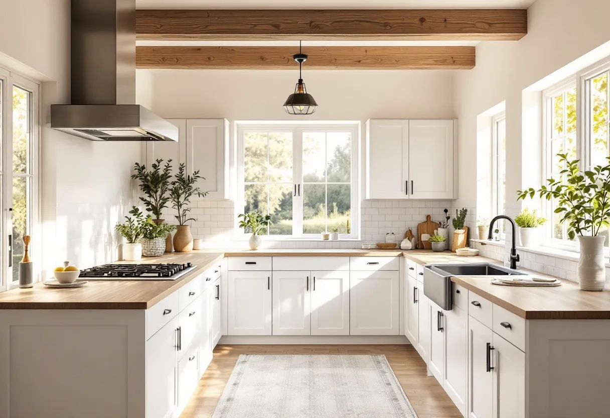 This Scandinavian kitchen exemplifies a bright and welcoming aesthetic, highlighted by its ample natural light streaming through large windows. The use of white cabinetry and light wood countertops enhances the airy atmosphere, creating a sense of spaciousness and warmth. The design features clean lines and a minimalist approach, typical of Scandinavian interiors, which adds to the kitchen's functional and stylish appeal. The presence of greenery and simple decor elements brings a touch of nature indoors, complementing the overall theme.

The space is further accentuated by the prominent wooden beams on the ceiling, which add a rustic element to the modern design. The use of white subway tiles for the backsplash provides a classic and elegant backdrop that aligns well with the kitchen's overall color scheme. The black fixtures and fittings offer a subtle contrast to the light tones, adding depth and interest to the space. Overall, this Scandinavian kitchen combines form and function seamlessly, creating a harmonious and inviting environment.