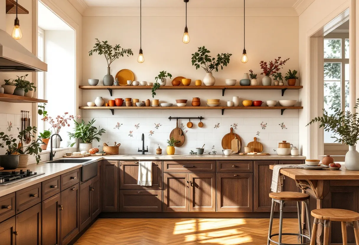 This Scandinavian kitchen exemplifies a harmonious blend of functionality and aesthetic appeal, characterized by its warm and inviting atmosphere. The space is dominated by natural wood tones, showcased through the cabinetry and the herringbone-patterned flooring, which add depth and texture. Open shelving is thoughtfully arranged with neatly organized dishes and vibrant pottery, contributing to an uncluttered and airy feel. The abundance of natural light streaming through the large windows enhances the sense of openness and highlights the neutral palette, creating a serene and calming environment. 

Plants are strategically placed throughout the kitchen, adding a touch of greenery and reinforcing the connection to nature that is central to Scandinavian design. The simple pendant lighting provides a subtle industrial touch while ensuring ample illumination. With its emphasis on simplicity, natural elements, and efficient use of space, this Scandinavian kitchen embodies a perfect balance of form and function, catering to both culinary activities and social gatherings.