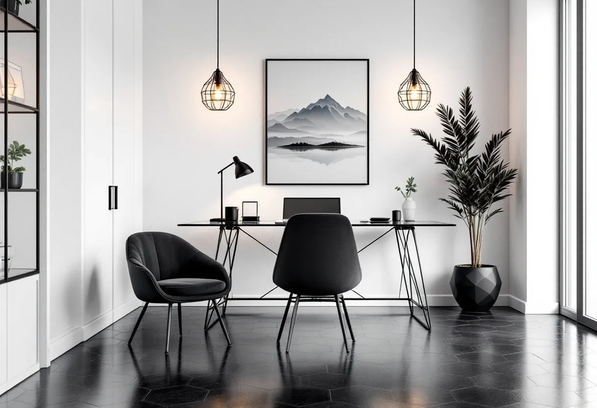 This Scandinavian office embodies a minimalist aesthetic with its clean lines and monochrome color palette. The space is anchored by a sleek black desk featuring modern, geometric legs, which complement the black hexagonal tiles on the floor. Above the desk, a large framed piece of art depicting a serene mountain landscape in grayscale tones adds visual interest and a sense of calm to the room. The use of subdued colors and simple shapes is consistent with the Scandinavian design principle of creating functional, yet aesthetically pleasing spaces.

The office is further enhanced by two pendant lights with exposed bulb designs, contributing to an industrial feel without overwhelming the minimalist theme. A black upholstered chair and a cozy armchair provide seating options, adding texture and comfort. The inclusion of indoor plants, such as a tall, leafy potted plant nearby, introduces a touch of nature, offering a refreshing contrast to the otherwise monochrome palette. This thoughtful arrangement and selection of elements create an environment that is both productive and visually soothing, embodying the essence of Scandinavian style.