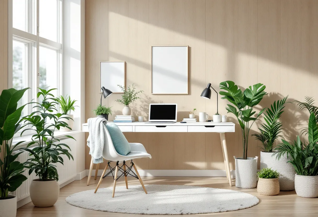 This Scandinavian office showcases a minimalist and serene design, characterized by its use of natural light and simple, clean lines. The space is anchored by a light wood desk with tapered legs, complemented by a sleek white chair featuring wooden dowel legs, which epitomizes the fusion of functionality and aesthetic simplicity typical of Scandinavian design. The use of light-colored wood for the wall paneling enhances the airy feel of the room, providing a warm and inviting backdrop. A neutral palette dominates the space, with white and soft blue accents adding a touch of subtle contrast.

Plants are thoughtfully placed throughout the office, infusing the area with vibrant greenery and contributing to a sense of calm and tranquility. These touches of nature not only serve as decorative elements but also promote an atmosphere conducive to focus and productivity. A round, textured rug softens the floor space, adding a cozy element underfoot. The overall composition of the room reflects an emphasis on harmony, balance, and the idea of bringing the outside in, hallmark principles of Scandinavian interior design.