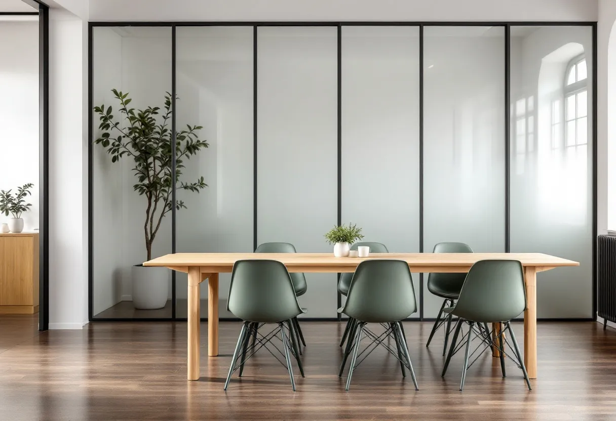 This Scandinavian office embodies the minimalist and functional design aesthetics characteristic of the region. The room features a large wooden table surrounded by sleek, dark green chairs, emphasizing simplicity and clean lines. The choice of light wood for the table and the muted green chairs bring a natural element into the space, harmonizing with the overall neutral color palette. This combination creates a calming and inviting atmosphere, ideal for productivity.

In addition to the furniture, the office space is accentuated by the use of glass partitions that allow natural light to flood the room, enhancing the sense of openness. The presence of greenery, with a tall plant in the corner and a small plant on the table, adds a touch of vitality and warmth to the space. The dark wooden floor complements the light-colored walls and furniture, completing a balanced and cohesive design that reflects the principles of Scandinavian interiors.