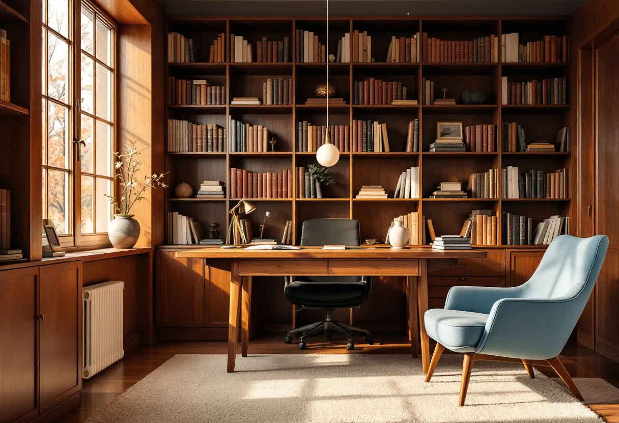 This Scandinavian office embodies a warm and inviting atmosphere, characterized by its use of natural wood tones and minimalist design. The expansive wall of shelves, filled with books, adds both functionality and aesthetic charm to the space. The wood-paneled walls and ceiling contribute to a cozy and tranquil environment, ideal for focused work or quiet reading. A large wooden desk takes center stage, paired with a sleek black office chair that complements the modern yet timeless style typical of Scandinavian interiors.

Natural light floods the room through the large window, accentuating the earthy tones and creating a bright, airy feel. A blue upholstered chair offers a pop of color and a comfortable spot for additional seating. The decor is understated yet elegant, featuring simple vases and a stylish desk lamp that highlight the office’s dedication to practical beauty. The overall design fosters a sense of calm and productivity, making it a perfect retreat for work.