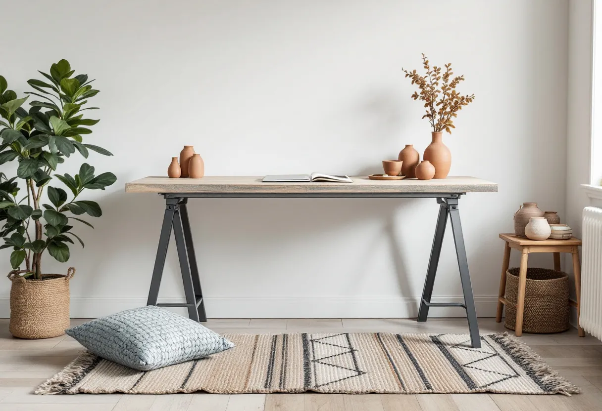 This Scandinavian office embodies minimalistic elegance and functionality, characterized by clean lines and a neutral color palette. The centerpiece is a simple, sleek desk with a light wooden top supported by modern metallic legs, emphasizing the Scandinavian love for natural materials and innovative design. On the desk sits an assortment of clay vases and an open book, adding both a rustic touch and a sense of calm productivity to the space.

Complementing the desk, the woven rug on the light wooden floor features subtle geometric patterns and muted colors, enhancing the room’s cozy and inviting atmosphere. A potted plant and a cushioned pillow introduce elements of comfort and greenery, which are essential aspects of Scandinavian interiors, reflecting a connection with nature. The overall arrangement is both aesthetically pleasing and functional, embodying the essence of Scandinavian design.