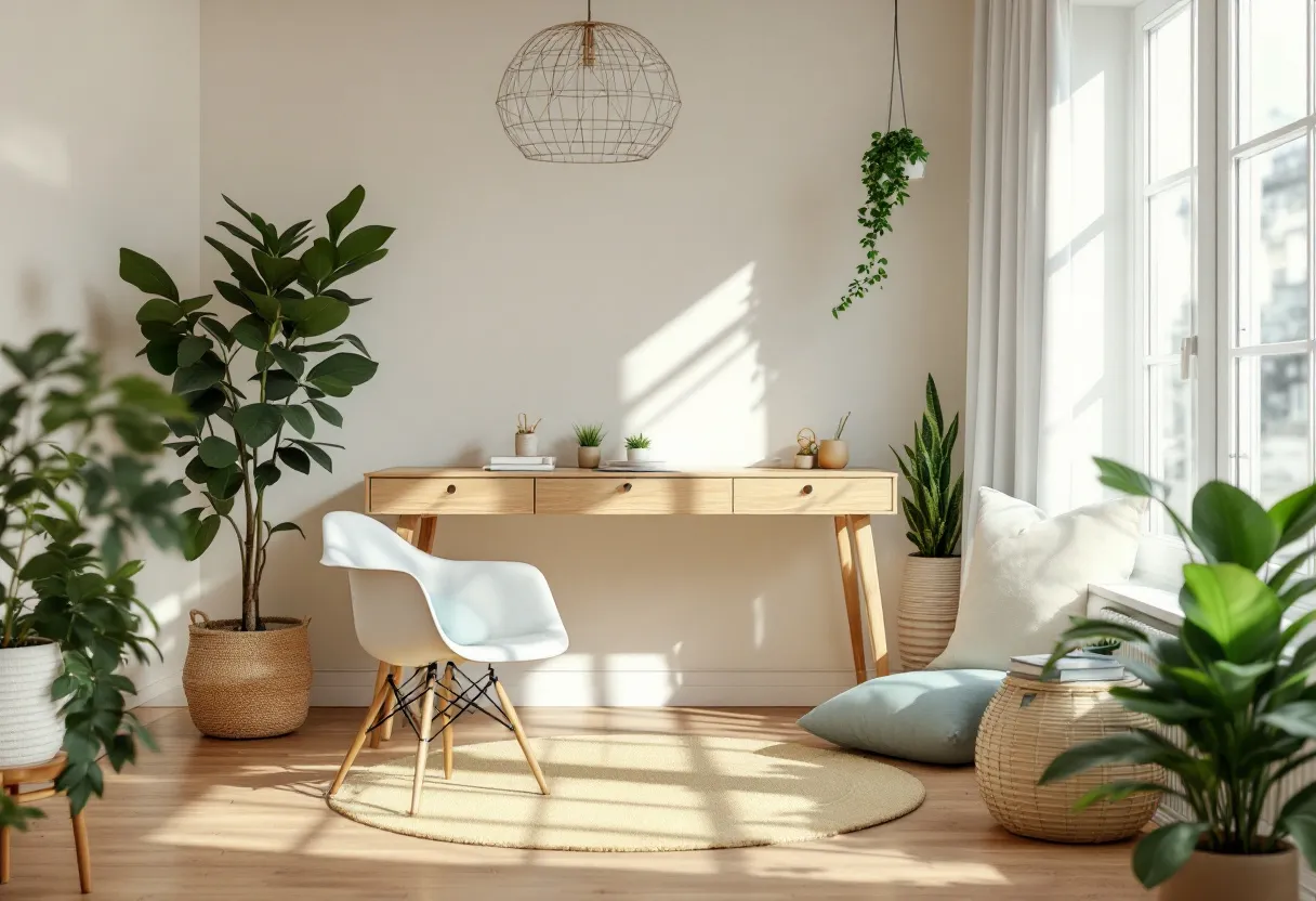 This Scandinavian office embodies simplicity and harmony, with a focus on natural materials and light. The space features a wooden desk with clean lines, complemented by a white ergonomic chair, creating a functional yet stylish workspace. The use of light wood and white tones, typical of Scandinavian design, helps to enhance the sense of openness and serenity in the room. A minimalist aesthetic is maintained, allowing for a clutter-free environment conducive to productivity and focus.

Adding to the tranquil atmosphere, indoor plants are strategically placed throughout the office, bringing in natural elements that promote well-being and freshness. The plants are paired with woven baskets, further emphasizing the organic feel of the room. Soft, natural light floods through large windows, accentuated by sheer curtains, creating a warm and inviting ambiance. The overall design is both aesthetically pleasing and functionally efficient, embodying the quintessential Scandinavian blend of beauty and utility.