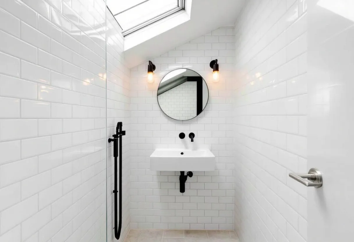 This simple bathroom exudes a minimalist aesthetic, characterized by its clean lines and monochromatic palette. The walls are adorned with white subway tiles, giving the space a bright and fresh atmosphere. A round mirror is mounted above a sleek, rectangular white basin, creating a pleasing symmetry that enhances the modern design. The fixtures, including a black faucet and towel holder, add a bold contrast to the predominantly white decor, contributing an element of visual interest.

The presence of a skylight above the sink area floods the bathroom with natural light, emphasizing its airy feel and expanding the sense of space. On either side of the mirror, wall-mounted light fixtures with exposed bulbs provide additional illumination, creating a warm ambiance that complements the natural lighting. The flooring consists of pale tiles, which harmonize seamlessly with the wall colors, fostering a cohesive and spacious look. Overall, this bathroom is an example of efficient design, where functionality meets understated elegance.