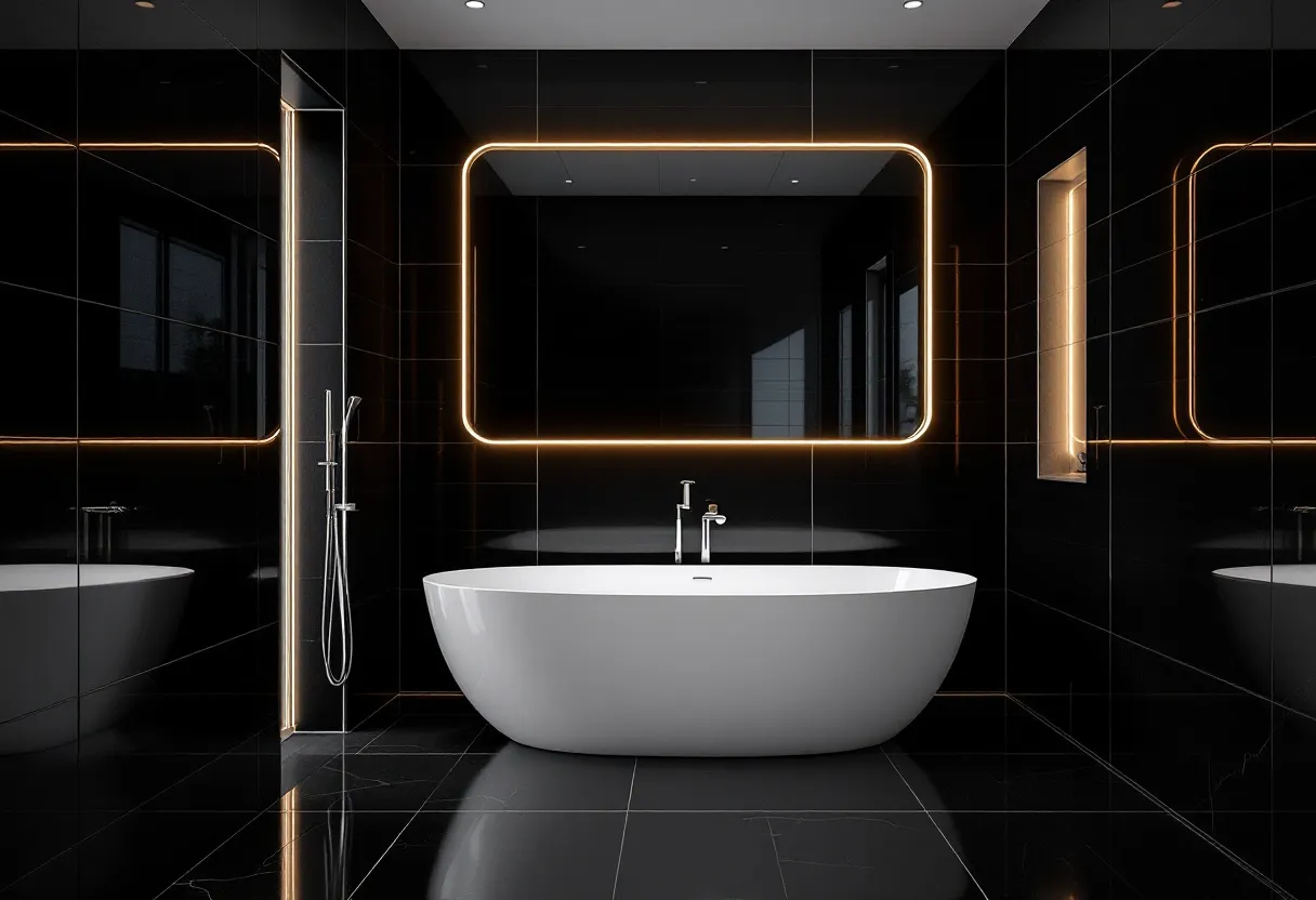 This simple bathroom features a modern aesthetic characterized by sleek black tiles covering the walls and floor, which create a bold contrast with the central white freestanding bathtub. The tub, with its smooth and rounded design, adds a touch of elegance and serves as a focal point in the space. Above the bathtub, an illuminated rectangular mirror with a soft, golden glow enhances the contemporary style while casting a warm light across the room.

On the left side, a minimalist shower area is visible, with a sleek, chrome showerhead and fixtures that emphasize the overall modern theme. The lighting from recessed ceiling lights is strategically placed to highlight the bathroom’s features without overpowering the ambiance. The design embraces simplicity while providing a sophisticated and clean environment, perfect for relaxation and unwinding.