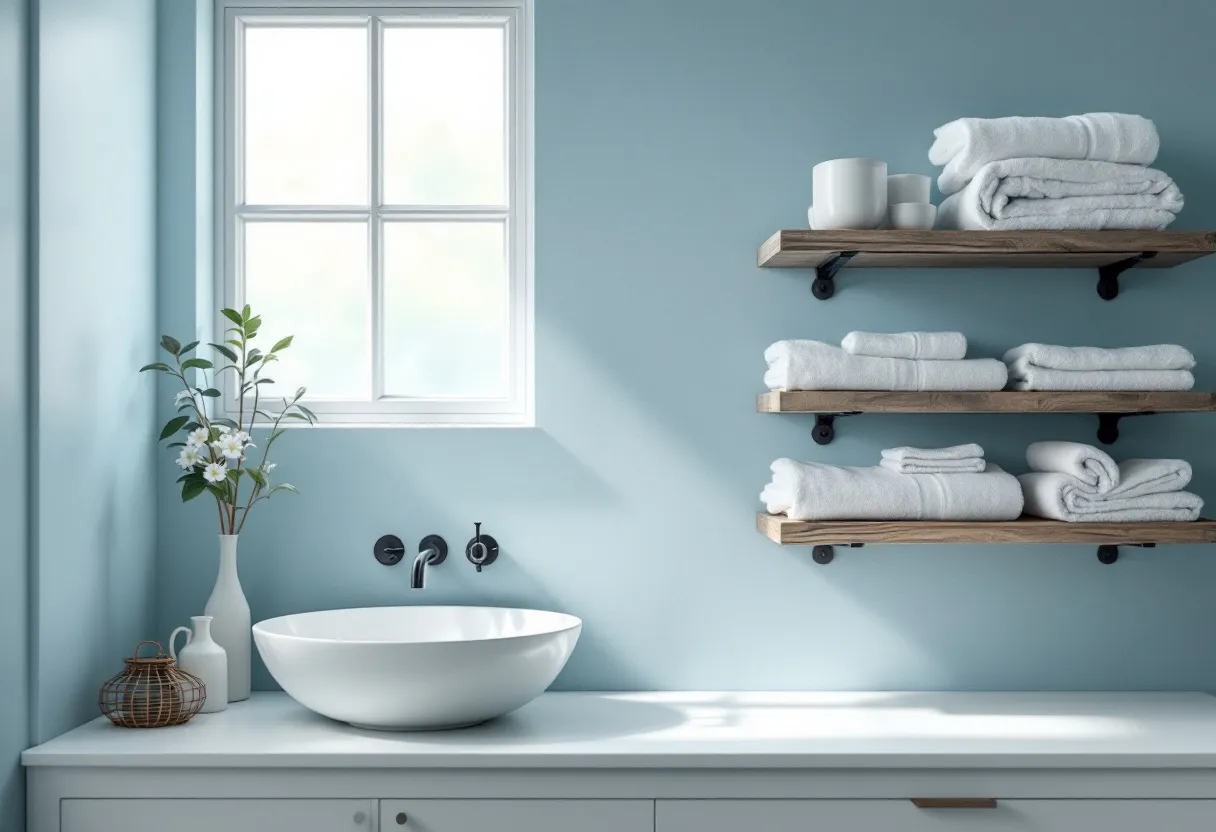 This simple bathroom exudes a sense of calm and cleanliness with its light blue walls and white accents. The focal point is a sleek, white countertop that supports a modern, bowl-shaped sink. Above the sink, a minimalist black faucet adds a touch of sophistication. The large window allows ample natural light to flood the space, creating an inviting and airy atmosphere. A tall vase with delicate white flowers enhances the serene environment by bringing a hint of nature indoors.

On the right wall, open wooden shelves are neatly stacked with plush, white towels, contributing to the room's organized and uncluttered look. The shelves also hold a few elegantly placed white containers, adding functionality and enhancing the minimalist aesthetic. Overall, the bathroom combines practicality and style, with each element thoughtfully arranged to maintain its simple yet elegant charm.