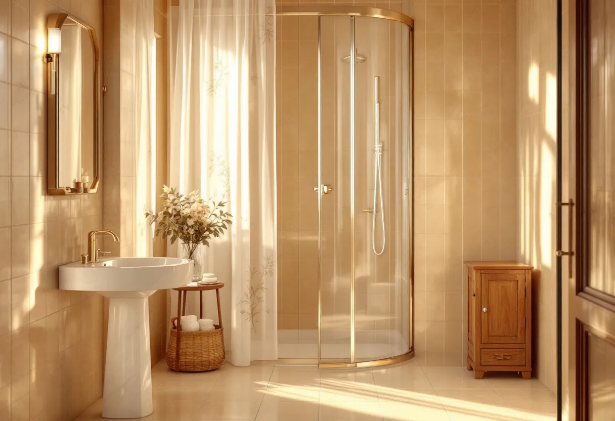 This simple bathroom exudes a warm and inviting atmosphere, dominated by earth-toned tiles that cover the floor and walls. The space is gently illuminated by natural light that streams through a sheer, patterned curtain, creating a pleasant ambiance. Featuring a corner shower with a curved glass enclosure and gold-accented fixtures, the design prioritizes functionality while maintaining an elegant aesthetic.

The bathroom also includes a pedestal sink with a gold faucet, complemented by a gold-framed mirror mounted on the wall. Beside the sink, a small wooden table displays a vase filled with fresh flowers, adding a touch of nature to the room. A woven basket beneath the table provides extra storage for towels. Across from the shower, a wooden cabinet offers additional storage, balancing the decor with its rich wood tones. Overall, the space combines simplicity with subtle sophistication, making it both practical and aesthetically pleasing.