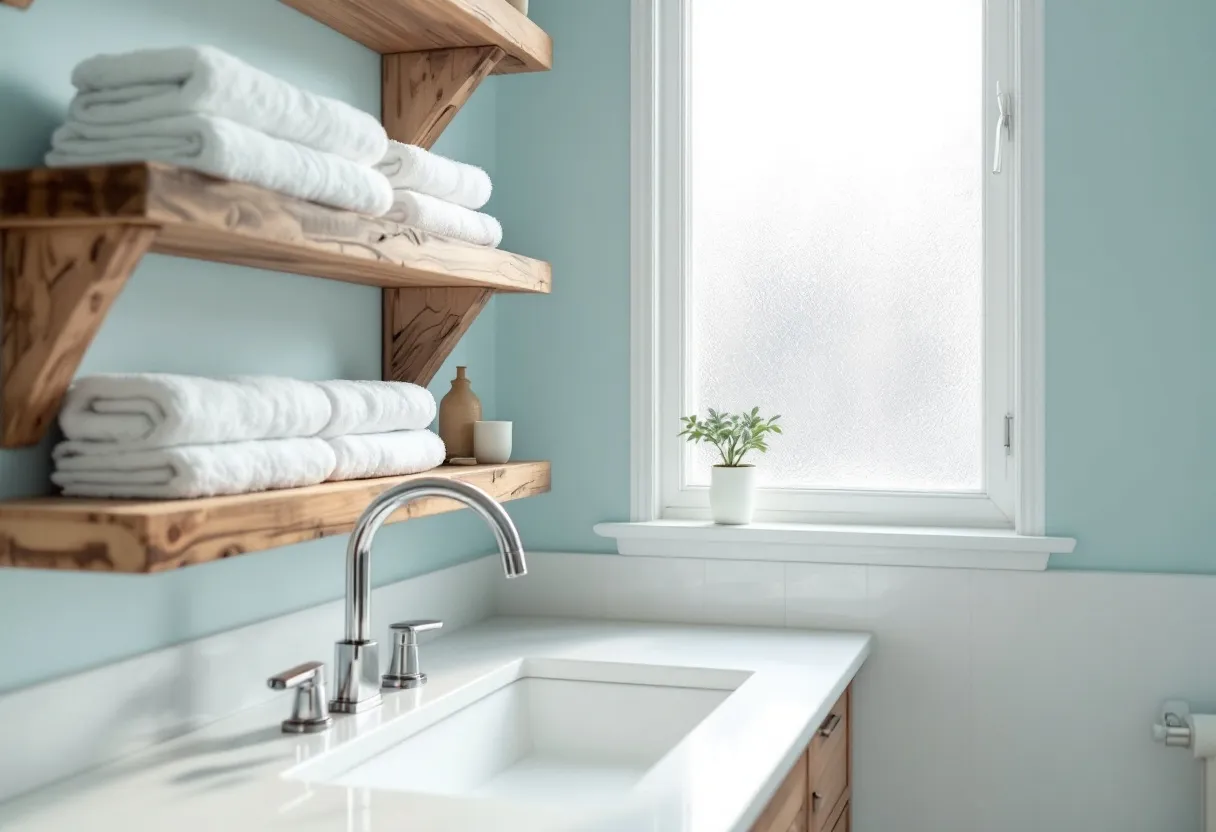 This simple bathroom features a soothing color palette with soft blue walls, creating a calm and inviting atmosphere. The vanity area includes a white countertop with a sleek, modern sink and chrome fixtures that add a touch of elegance. Above the sink, open wooden shelves provide both functional storage and a decorative element, neatly stocked with rolled white towels and simple decor items.

Natural light streams in through the frosted window, enhancing the room’s brightness while maintaining privacy. On the windowsill, a small potted plant adds a bit of greenery, bringing a touch of nature indoors. The thoughtful arrangement and minimalist approach give the bathroom a clean, uncluttered look, promoting relaxation and tranquility.