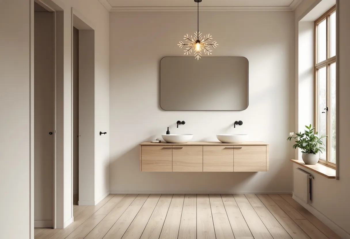 This simple bathroom exudes a calm and minimalist aesthetic, highlighted by a light color palette and natural materials. The walls and ceiling are painted in soft, neutral tones that harmonize with the light wooden flooring, creating a seamless flow throughout the space. The floating vanity, crafted from similar light wood, features two vessel sinks, each paired with a sleek, black faucet. Above the vanity hangs an elegant, large rectangular mirror that enhances the room's spacious feel and reflects the natural light coming in from the window.

The bathroom is complemented by a few carefully selected elements that add to its serene ambience. A modern pendant light with an artistic design hangs from the ceiling, its soft glow accentuating the room's tranquil atmosphere. A pot with leafy green plants sits on the windowsill, bringing a touch of nature indoors. The ample window ensures that the bathroom remains bright and airy, enhancing both the sense of openness and the simplicity of the overall design.