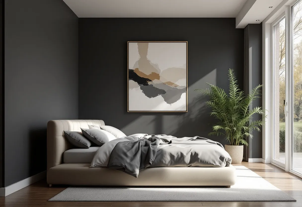 This simple bedroom showcases a minimalist and modern design, characterized by a tranquil and cozy atmosphere. The room features a low, upholstered bed with a neutral color palette, incorporating soft shades of beige and gray. The bedding, consisting of neatly arranged pillows and a casually draped duvet, complements the serene ambiance. The walls are painted in a dark tone, providing a sophisticated backdrop for the large abstract artwork that hangs above the bed, adding a touch of artistic flair to the space.

Natural light floods the room through a set of large windows, which offer a view of the greenery outside, enhancing the connection with nature. A potted plant is strategically placed near the window, bringing additional greenery inside and contributing to the room's fresh and airy feel. The wooden flooring and simple area rug further emphasize the room's clean lines and uncluttered aesthetic, creating an inviting and peaceful retreat.