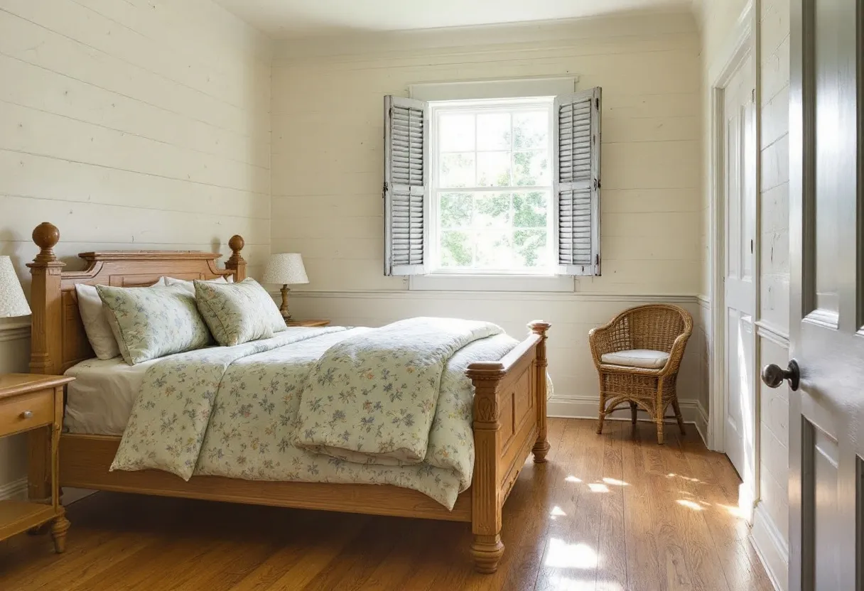 This simple bedroom exudes a cozy, rustic charm with its elegant wooden furnishings and soft color palette. The room features a stately wooden bed topped with a floral-patterned duvet cover and matching pillows, creating an inviting and harmonious space. To the side of the bed, a small wooden nightstand holds a classic lamp, adding both functionality and a warm glow to the room. The soft, muted tones on the walls and bedding contribute to a serene and relaxing atmosphere.

Natural light floods the room through a window with hinged, wooden shutters, which can be adjusted for privacy and light control. In the corner, a wicker chair adds a touch of texture and a casual seating option. The hardwood floor enhances the room's warm and natural vibe, complementing the wooden furniture beautifully. This bedroom captures a simple yet stylish aesthetic, perfect for unwinding and enjoying peaceful rest.