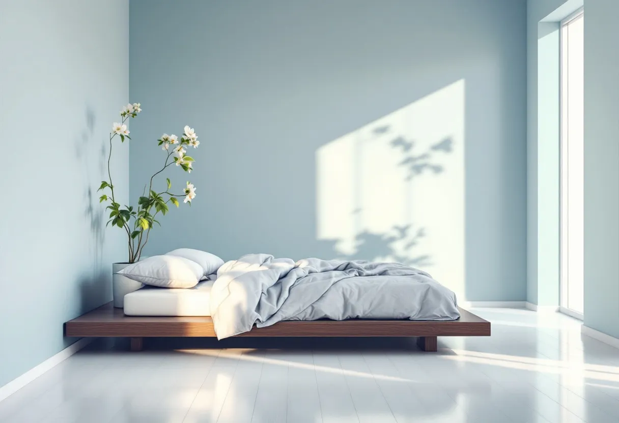 This simple bedroom showcases a minimalist yet elegant design. The focal point is a wooden platform bed that sits low to the ground, lending a modern touch to the room. The bed is dressed in soft, monochromatic bedding, with pillows and a comforter that add to the serene atmosphere. A large window to the side allows natural light to flood in, casting gentle shadows on the floor. The overall color palette is soothing, dominated by soft blues and neutrals that enhance the calm and inviting ambiance.

Adding a touch of nature, a vase with tall, flowering branches is placed beside the bed. This decorative element brings in an organic feel, complementing the simplicity of the room. The polished floor reflects the light, enhancing the sense of space and openness. The room's uncluttered style and natural elements create a tranquil retreat, perfect for rest and relaxation.