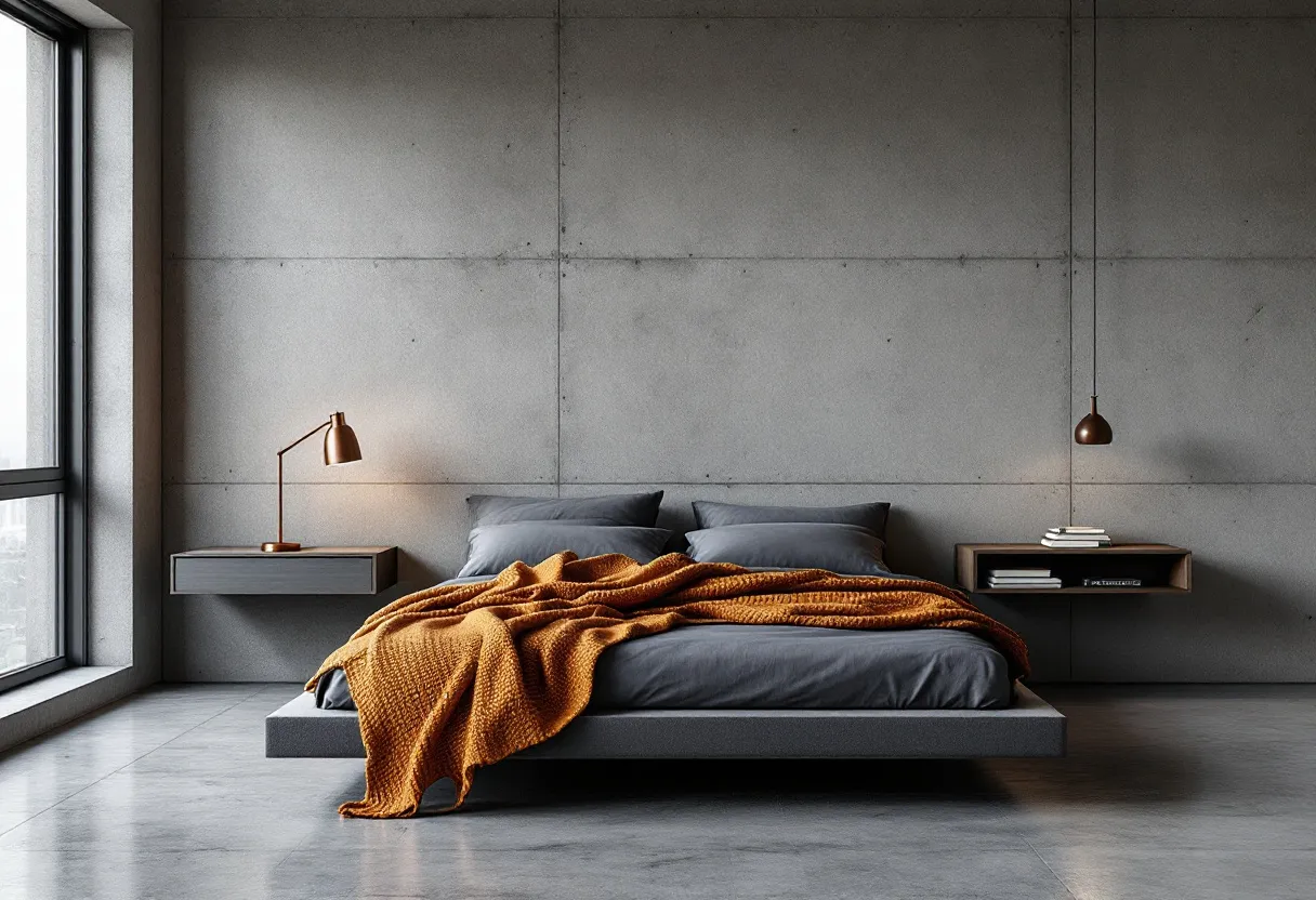 This simple bedroom embraces a minimalist aesthetic, defined by its sleek lines and neutral tones. The dominant feature is a low-profile platform bed, dressed in dark gray bedding that complements the cool, concrete walls. A warm, textured orange throw provides a vibrant contrast, adding a touch of coziness to the otherwise muted palette. On either side of the bed, floating nightstands hold minimal decor, one adorned with a modern table lamp, while the other is balanced with a pendant light descending from the ceiling. 

The large window on one side allows natural light to flood the room, highlighting the clean, uncluttered space. The concrete floor reinforces the minimalist style, creating a seamless flow within the room. The minimalist decor and streamlined furniture contribute to a peaceful and calm atmosphere, making this bedroom a serene retreat.