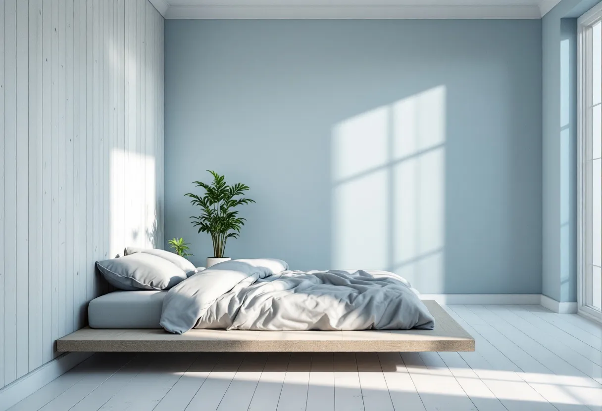 This simple bedroom exudes a calm and serene atmosphere with its minimalist design. The walls are painted in a soft, muted blue that complements the room’s tranquil ambiance. Natural light floods the space through a large window, casting soft shadows and emphasizing the airy feel of the room. The wooden flooring adds a touch of warmth and contrasts subtly with the cool tones of the walls and bedding.

A low platform bed sits against one wall, with its neatly made sheets and fluffy pillows contributing to the inviting aesthetic. Next to the bed, a small potted plant adds a natural element, bringing a splash of greenery to the space and enhancing the feeling of freshness. The overall composition of the room highlights simplicity and comfort, creating a perfect retreat for relaxation.