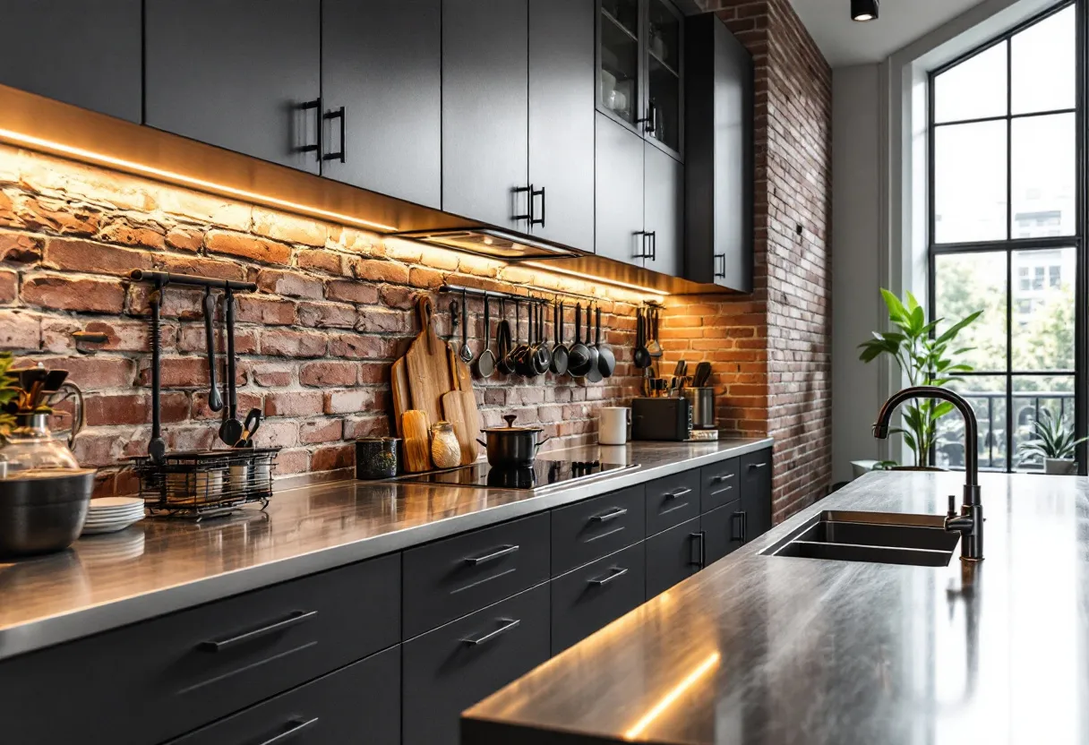 This simple kitchen features a modern design with sleek dark cabinetry and stainless steel countertops. The contrast between the dark cabinets and the light brick backsplash creates a stylish, industrial look. The cabinetry provides ample storage, with both upper and lower sections, and the handles add a touch of elegance with their minimalist design. The use of under-cabinet lighting highlights the textures of the brick wall and brightens the workspace, making it both functional and aesthetically pleasing.

The kitchen island, with its integrated sink, offers additional workspace and a gathering point for family and guests. Large windows allow natural light to flood the area, enhancing the sense of openness and connecting the indoors with the outdoors. Decorative elements like potted plants add a touch of greenery, bringing warmth and life to the space. Overall, the combination of natural textures, modern fixtures, and practical design elements make this kitchen both inviting and efficient.