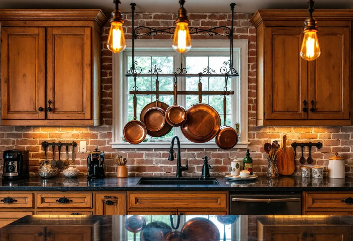 This simple kitchen exudes a rustic charm with its brick backsplash and warm wooden cabinets. The ambient lighting, provided by hanging Edison bulbs, casts a cozy glow across the space, enhancing the rich tones of the wood and brick. Copper pots prominently displayed add a touch of vintage elegance, suggesting a love for culinary craftsmanship and functionality. The design neatly combines traditional elements with sleek, modern touches, such as the dark metal faucet and sleek countertop. 

The layout balances both aesthetics and utility, with essential kitchen tools easily accessible and neatly arranged. On the countertop, small appliances like a coffee maker and toaster are strategically placed for convenience without cluttering the space. The presence of jars and a bottle of olive oil hints at a functional cooking environment where efficiency meets style. Overall, this kitchen offers a warm and inviting atmosphere, perfect for both cooking and gathering.