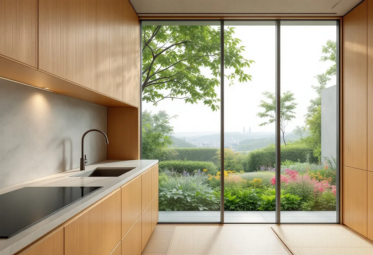 This simple kitchen exudes modern elegance with its use of natural materials and clean lines. The cabinetry is crafted from light wood, providing a seamless and minimalist look that complements the neutral tones of the countertop. The sleek design is accentuated by the built-in stovetop, which blends effortlessly into the countertop surface, enhancing the kitchen's streamlined aesthetic. The sink, with its modern faucet, integrates smoothly into the workspace, maintaining the clean and uncluttered appearance.

The kitchen is bathed in natural light, thanks to the expansive floor-to-ceiling windows that offer a stunning panoramic view of the lush garden outside. This seamless connection with nature not only illuminates the space but also creates a tranquil and inviting atmosphere. The view of vibrant flowers and greenery provides a picturesque backdrop, making this kitchen an ideal place to enjoy the beauty of the outdoors while engaged in daily tasks.