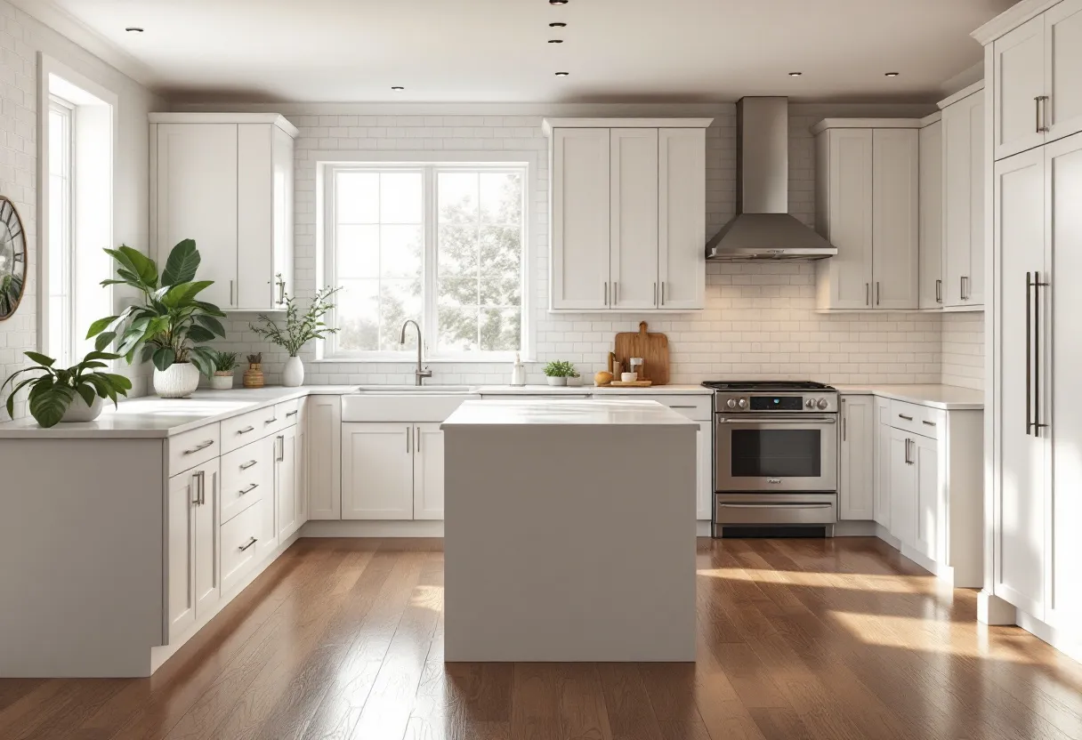 This simple kitchen features a clean and modern design with a predominantly white color scheme that emphasizes brightness and openness. The white cabinetry, with its sleek lines and minimalist handles, creates a sense of uniformity and elegance. A central island provides additional countertop space and serves as an informal gathering area. The placement of two large windows allows natural light to flood the space, creating a warm and inviting atmosphere. 

The kitchen includes stainless steel appliances that add a touch of contemporary style. Decorative elements, such as the backsplash made of subway tiles and the wooden cutting boards, contribute a subtle yet effective contrast, enriching the overall aesthetic. A variety of lush green plants placed on the countertops add a natural element, enhancing the kitchen's freshness and vitality. This simple kitchen showcases a harmonious blend of functionality and style, making it a practical and welcoming space for cooking and socializing.