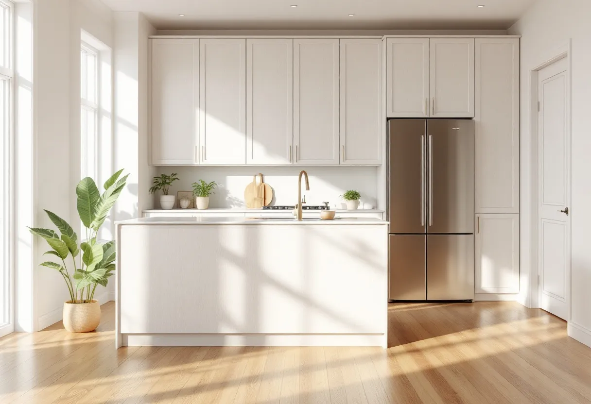 This simple kitchen exudes a clean and modern aesthetic, primarily characterized by its use of soft, neutral tones and natural lighting. The cabinetry is crafted in a light, subtle shade, contributing to a bright and airy atmosphere. The polished wooden floor complements the overall color palette, adding warmth and texture to the space. A sleek, stainless steel refrigerator stands out against the cabinetry, offering a contemporary accent. 

The kitchen island features a smooth countertop with an elegant faucet, great for meal preparations or casual dining. The presence of potted plants adds a touch of nature, enhancing the calming and inviting vibe of the room. Sunlight streams in through large windows, casting gentle shadows across the floor and emphasizing the minimalist decor. Overall, the kitchen presents a harmonious blend of functionality and style, perfect for both cooking and gathering.