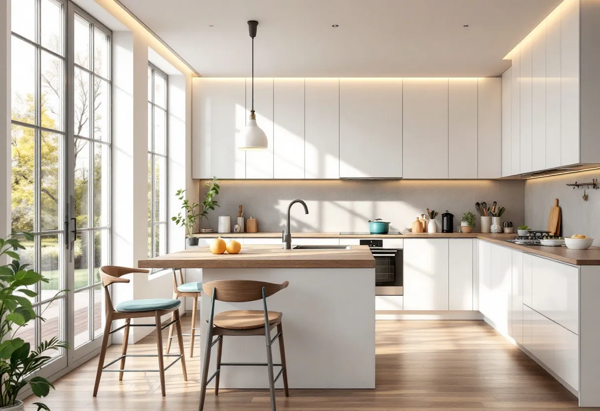 This simple kitchen exudes a modern and minimalistic design, featuring clean lines and a bright, airy ambiance. The space is highlighted by a large window wall, allowing ample natural light to flood in, enhancing the fresh atmosphere. The cabinetry is sleek and white, contributing to the kitchen's clean look, and extends seamlessly from floor to ceiling along the walls. A stylish pendant light hangs above the kitchen island, which serves as a central gathering point with its understated wooden counter and matching stools.

The layout is practical and well-organized, with an emphasis on functionality. Appliances are neatly integrated, maintaining the streamlined look of the space, while the countertops provide ample workspace with a subtle wooden finish, adding warmth. Potted plants and neatly arranged kitchen items lend a touch of homeliness without cluttering the space. Overall, this kitchen combines modern design with a soft, inviting touch, making it both aesthetically pleasing and functional.