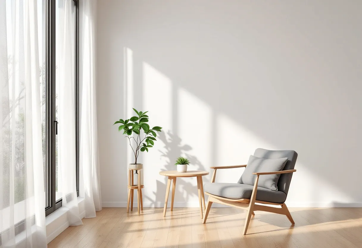 This simple office exudes a sense of calm and minimalism, featuring a thoughtfully arranged layout that promotes relaxation and focus. There is a modern chair with a sleek wooden frame and plush gray cushions, providing a comfortable seating area. Nearby is a small round wooden table, which complements the chair and adds a functional element to the space. The furniture's light wood tones and soft gray hues create a cohesive and soothing color palette.

The office is enhanced by natural elements, such as a plant on a wooden stand next to the table. These touches of green introduce a hint of nature, adding vibrancy and life to the setting. The room is well-lit, with sunlight streaming through large windows covered by sheer white curtains, which allow for ample natural light. This airy ambience, coupled with the minimalist design, contributes to a serene and welcoming environment well-suited for work or relaxation.