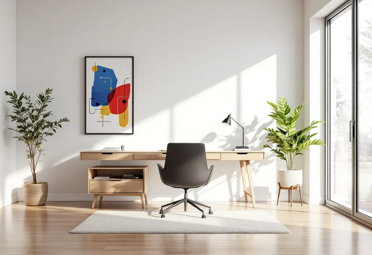 This simple office exudes a minimalist and modern aesthetic, characterized by its clean lines and natural light. The room features a light wooden desk with a matching chair, positioned centrally on a soft, gray rug. On the desk, there is a sleek black desk lamp and a few neatly organized items, suggesting a tidy and efficient workspace. Two potted plants, one on each side of the desk, add a touch of greenery and liveliness to the room, enhancing its fresh and inviting atmosphere.

The large window to the right allows ample sunlight to pour in, illuminating the space and highlighting the bright and airy feel of the room. An abstract piece of art, framed in black, hangs on the wall behind the desk, introducing vibrant colors that contrast subtly with the neutral tones of the office. This thoughtful combination of elements creates a balanced and harmonious environment, ideal for both work and relaxation.