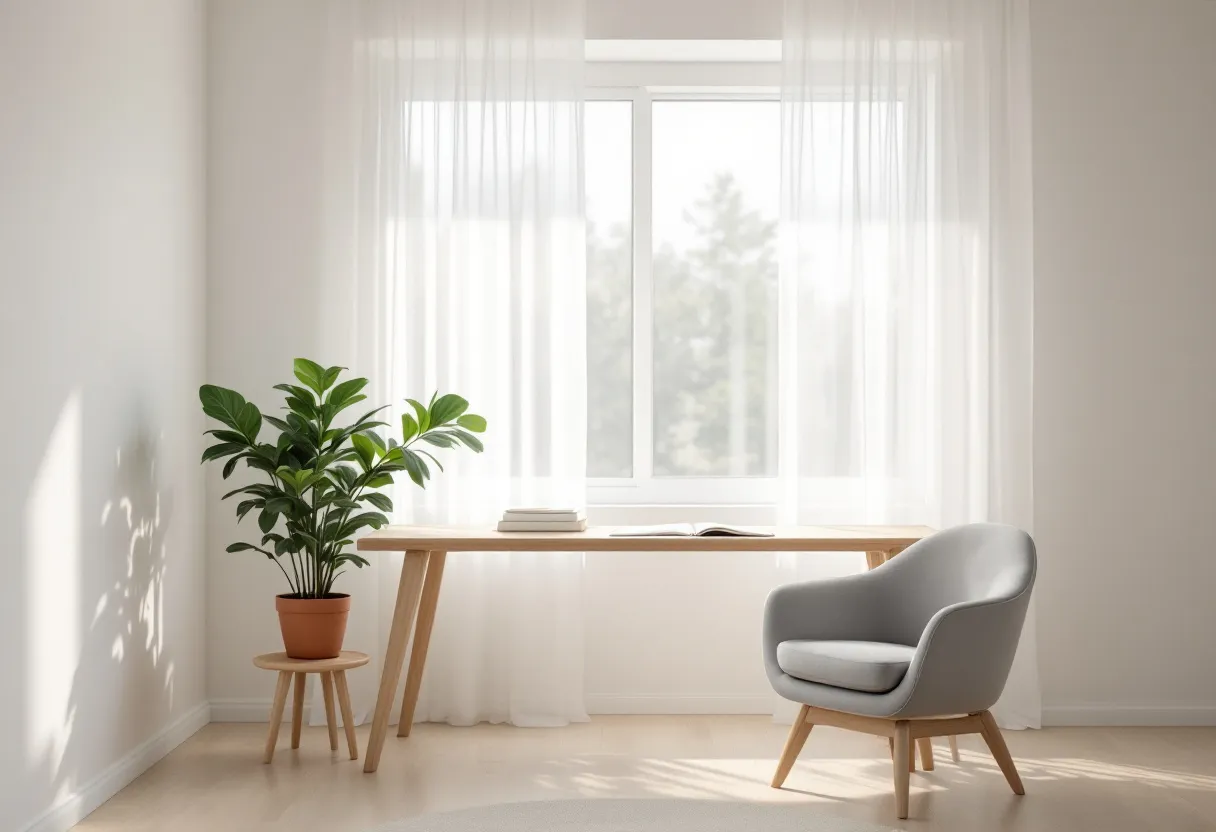 This simple office features a minimalistic design that exudes calm and tranquility. The focal point is a sleek, wooden desk positioned against a large window that allows natural light to flood the space. This creates an inviting atmosphere, ideal for focused work or relaxation. Resting on the desk are a few neatly stacked books, suggesting a workspace that values knowledge and learning. The presence of white, sheer curtains softens the incoming light, adding a gentle and serene touch to the room's ambiance.

Adding to the office's soothing aesthetic, a light gray, contemporary armchair sits to the side, offering a cozy and stylish seating option. Complementing the furniture is a lush green plant placed on a small wooden stool, introducing a splash of nature and enhanced air quality. The overall effect is a harmonious blend of functionality and simplicity, making this office a perfect setting for clarity and creativity.