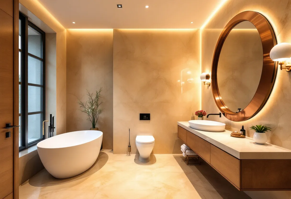 This Spanish bathroom showcases a luxurious and modern design with natural hues and soft lighting. The walls and floors are adorned with a warm, beige tone, creating a cohesive and soothing atmosphere. A large, oval bathtub positioned adjacent to a window becomes a focal point, inviting relaxation and comfort. The window allows natural light to pour in, enhancing the brightness and openness of the space. Complementing the bathtub, a sleek, dark faucet adds a touch of elegance and contrast against the lighter surroundings.

The bathroom also features a stylish vanity area with a floating wooden cabinet that adds warmth and texture. A round, illuminated mirror with a bronze frame enhances the sophisticated aesthetic, reflecting the soft overhead lighting. Two white and gold wall sconces flanking the mirror contribute to a cozy ambiance. Accents of greenery and decorative items on the vanity introduce an element of nature and provide a touch of color, completing the tranquil and inviting vibe of this Spanish-style retreat.