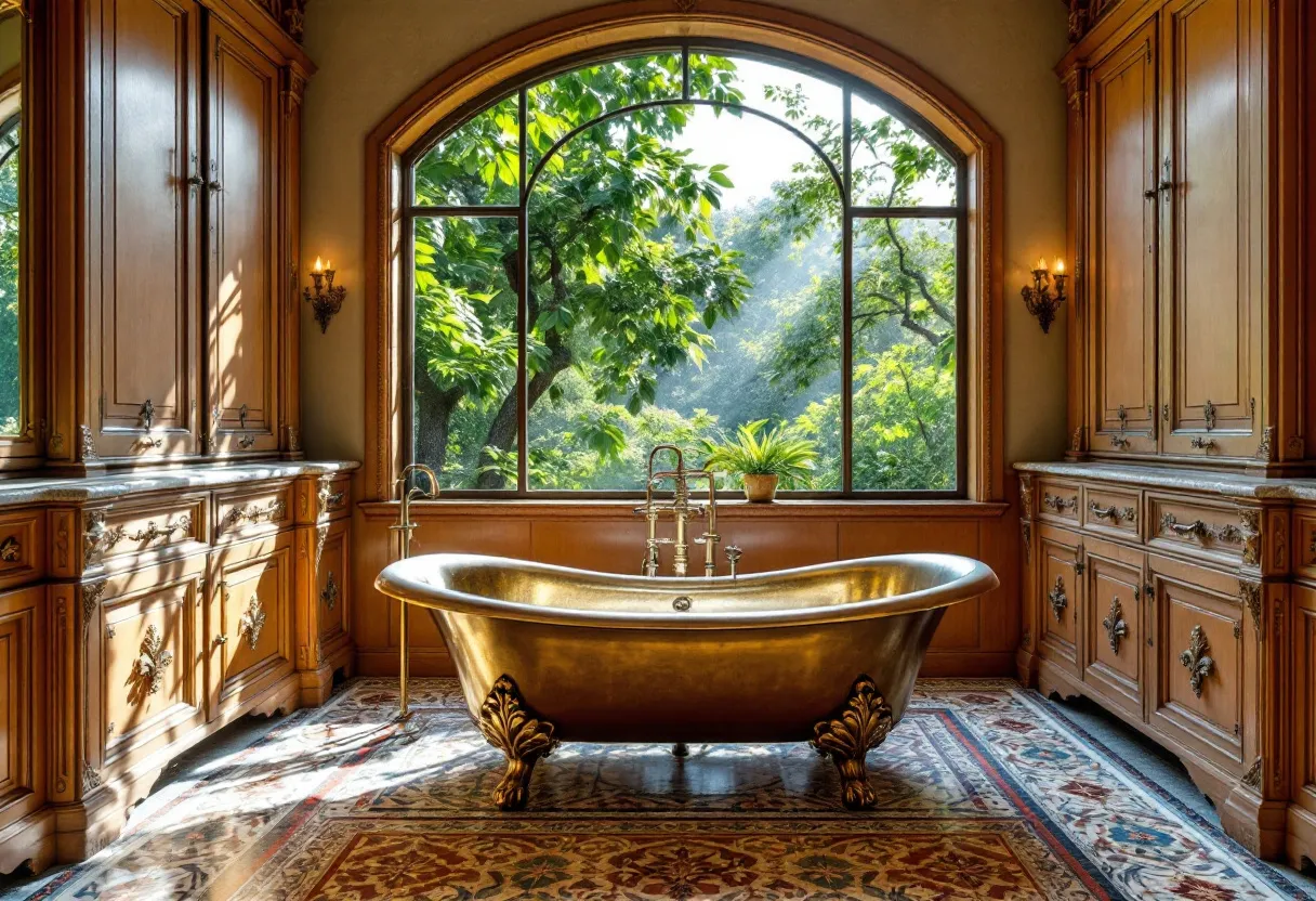 This Spanish bathroom exudes elegance and warmth, featuring a luxurious gold freestanding bathtub as its centerpiece. The bath is accentuated by ornate claw feet, which add a touch of traditional craftsmanship. Sunlight streams through the large, arched window, illuminating the space and providing a breathtaking view of lush greenery outside. The natural light enhances the rich tones of the woodwork, creating a harmonious blend of nature and opulence.

The bathroom is framed with exquisitely carved wooden cabinets, offering ample storage and visual depth. The intricate detailing on the cabinets and the carefully chosen sconces add to the room's sophisticated ambiance. The ornate rug underfoot imbues the space with texture and color, further enhancing its Spanish charm. Brass fixtures complement the bathtub, adding a cohesive and luxurious touch to the overall design.