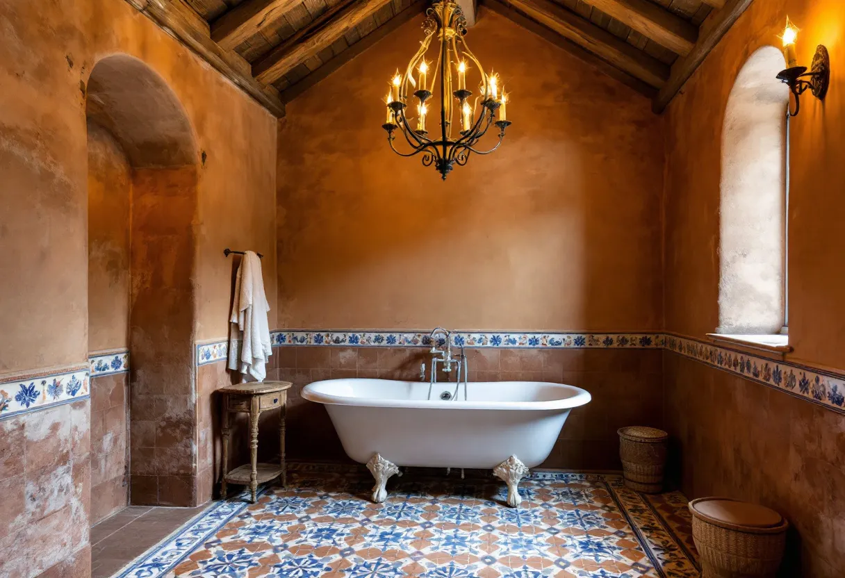 This Spanish bathroom embodies rustic elegance with its warm, earthy tones and charming decor. The space is anchored by a freestanding, vintage-style bathtub with elegant clawfoot legs, positioned centrally against a wall adorned with traditional Spanish tiles. The tiles feature a classic blue and white floral pattern, adding a touch of color and an authentic Mediterranean feel. The walls are finished with a textured, terracotta-toned plaster, enhancing the warm and cozy atmosphere. 

Above, a dark wooden beam ceiling adds to the rustic charm, complemented by a stunning wrought-iron chandelier that serves as the room's centerpiece. The lighting, with multiple bulbs, casts a warm glow throughout the bathroom, creating an inviting and relaxing ambiance. Alongside a simple wooden side table holding towels, the room also includes two arched windows that allow natural light to stream in, further enhancing its serene and inviting atmosphere.