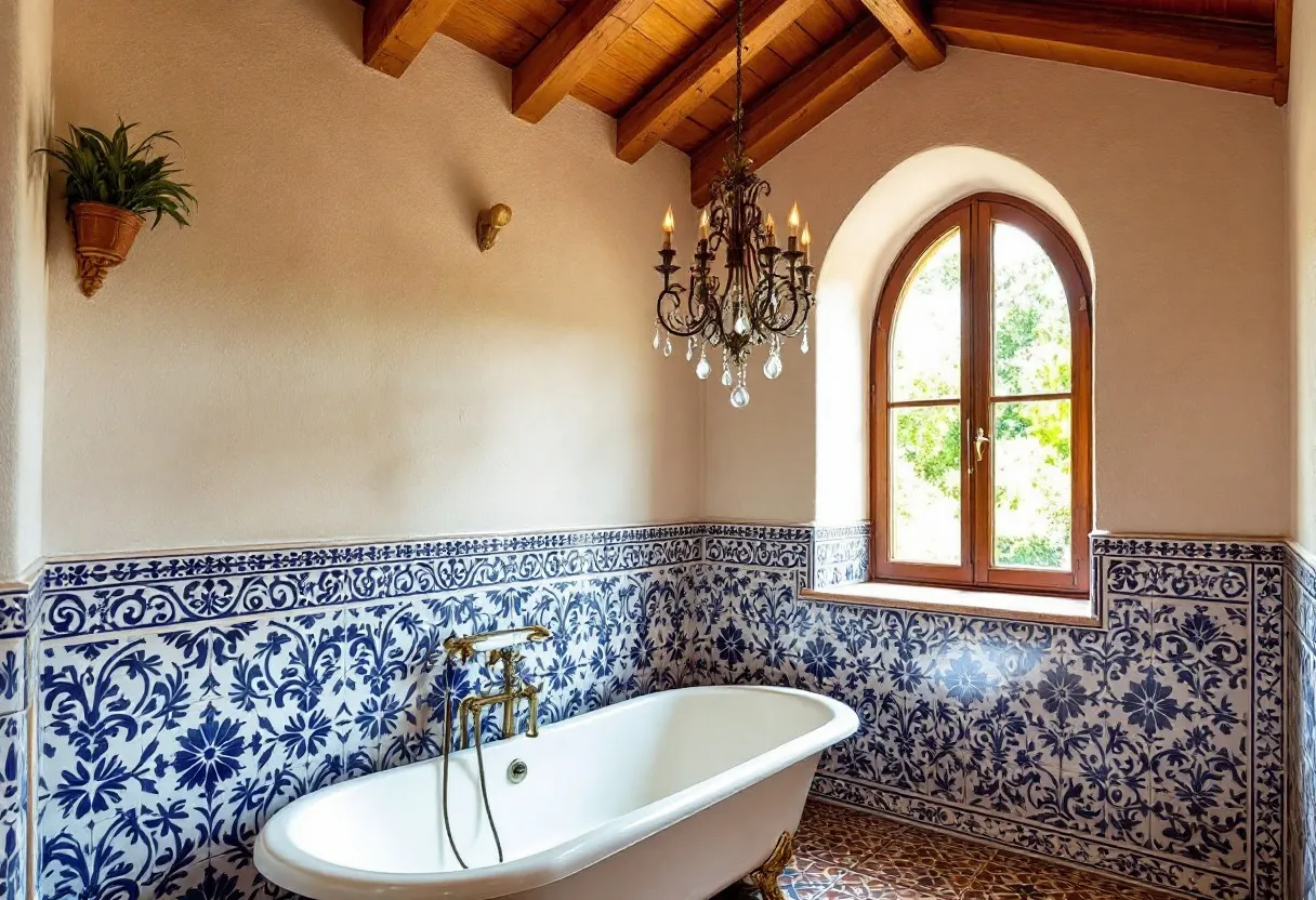 This Spanish bathroom exudes a rustic yet elegant charm, highlighted by the rich wooden beams on the ceiling that add warmth and texture to the space. The centerpiece of the bathroom is a classic freestanding bathtub with vintage-style brass fixtures that complement the traditional aesthetic. The beautiful tilework, featuring intricate blue floral patterns, adorns the lower half of the walls, creating a striking contrast against the soft, neutral tones above.

The room is further enhanced by a large arched window, allowing natural light to flood the space and offering a view of the lush greenery outside. A sophisticated chandelier hangs from the ceiling, adding a touch of opulence with its ornate design and crystal embellishments. The combination of these elements creates a harmonious blend of traditional Spanish design and luxurious comfort.