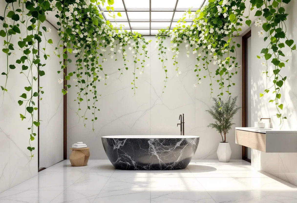 This Spanish bathroom presents an exquisite blend of elegance and nature-inspired tranquility. The centerpiece is a luxurious freestanding bathtub made of polished black marble with striking white veining, which exudes a sophisticated yet modern charm. Above, a ceiling-grid structure supports lush green vines cascading down with white blooms, creating a serene and organic atmosphere. This verdant decor contrasts beautifully with the minimalistic white marble walls, adding a touch of softness and liveliness to the space.

Natural light floods the room through an expansive skylight, enhancing the bright and airy ambiance. A sleek wooden vanity floats along one wall, providing utility without overpowering the aesthetic. Adjacent to it, a simple plant in a white pot adds to the greenery, complementing the natural theme. The overall design seamlessly merges opulence with a sense of calm, making this bathroom a perfect retreat for relaxation and rejuvenation.