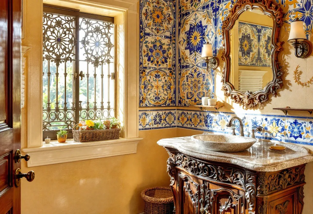 This Spanish bathroom exudes charm and warmth with its traditionally inspired design. The highlight is undoubtedly the intricate ceramic tiles on the walls, featuring vibrant blue and yellow floral patterns that bring a lively and authentic character to the space. The tiles create a mosaic of colors, enhancing the visual appeal and evoking a sense of heritage and craft. Complementing the vivid walls is a beautifully carved wooden vanity topped with a polished stone basin, reflecting a seamless blend between rustic and refined aesthetics.

The space is elegantly lit by wrought iron sconces on either side of an ornate mirror, adding a touch of sophistication. The window showcases intricate metalwork, allowing natural light to stream in, highlighting the details of the tiles and woodwork. A small basket of plants sits on the windowsill, introducing a hint of nature and freshness into the space. This bathroom encapsulates a rich blend of Spanish tradition and artistry, creating a warm and inviting atmosphere.