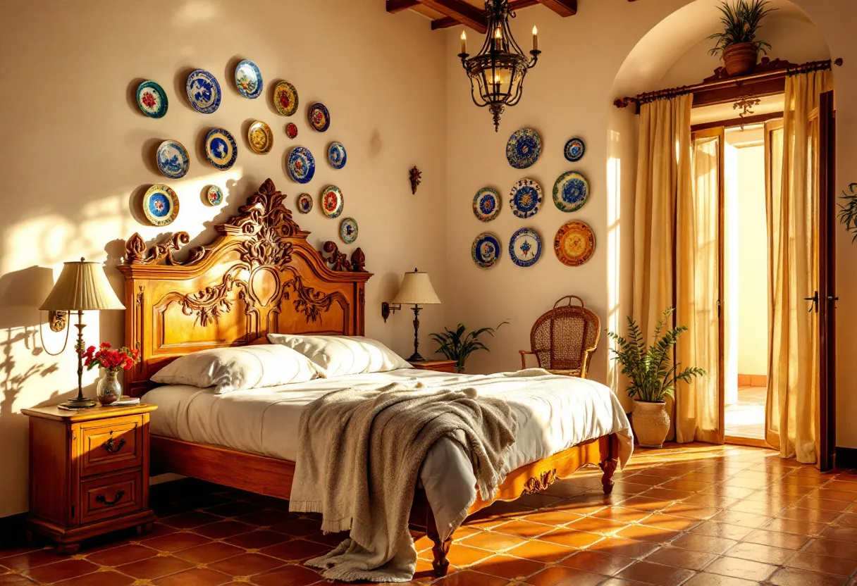 This Spanish bedroom exudes warmth and elegance, showcasing a beautifully carved wooden headboard that serves as the room's focal point. The intricate design on the headboard speaks to traditional Spanish craftsmanship, complementing the rich terracotta tiles that line the floor. The room is softened by the natural light streaming through the large window, filtered through sheer, golden drapes that add a touch of opulence and warmth to the atmosphere. The carefully chosen decor creates a cozy yet sophisticated retreat, emblematic of Spanish style.

On the walls, a vibrant array of decorative plates bring color and character to the space. Each plate features intricate designs, reflecting the artistry and cultural heritage of Spain. The plates are arranged artfully, adding a dynamic element to the room's aesthetic. Flanking the bed are classic wooden nightstands with elegant table lamps that provide a soft, inviting glow. The inclusion of potted plants adds a touch of nature, enhancing the serene and welcoming ambiance of this Spanish-inspired bedroom.